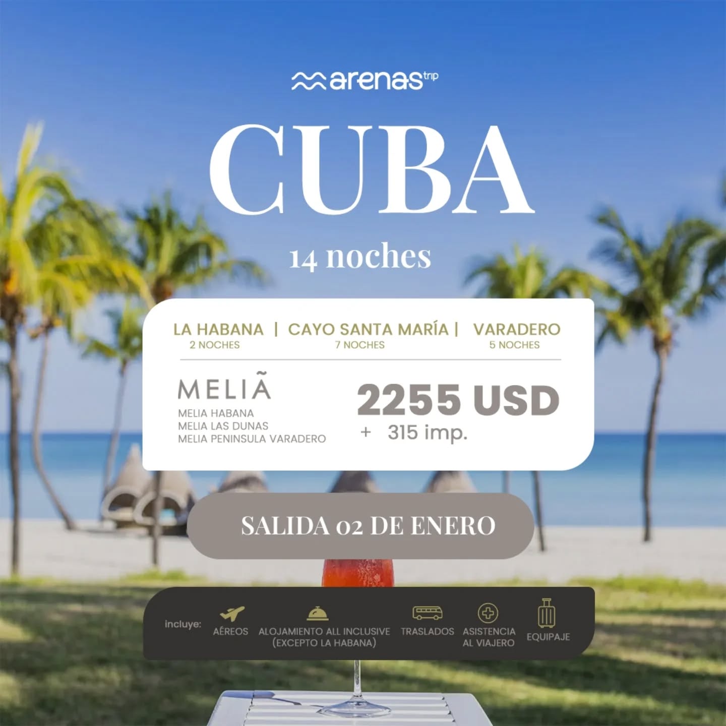 ¡Aprovechá este súper paquete a #Cuba con Arenas Trip! En el paraíso de @melia.hotels.international 😍🌴