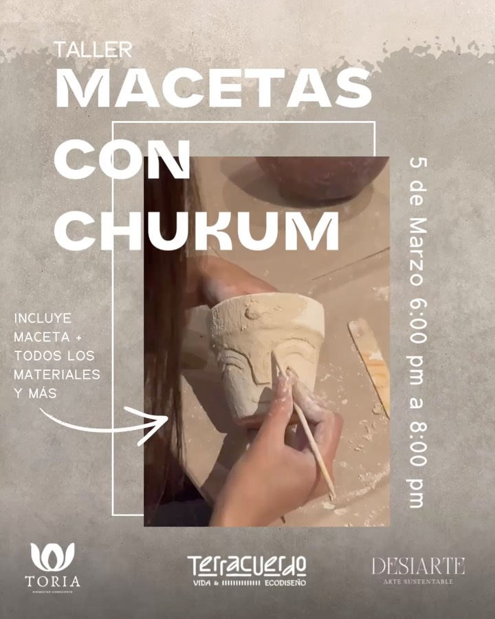 Aprende a aplicar chukum y crea tu propia pieza en una experiencia guiada paso a paso.
De la mano de expertas en sustentabilidad:
Jessica Desiree Tapia, Arquitecta de Interiores y especialista en arte sustentable, y
Anneken Romero, Lic. en Administración de Recursos Naturales con Máster en Sostenibilidad y Economía Circular.
Incluye:
• Bebida y aperitivo
• Meditación guiada con intención
• Explicación teórica y demostrativa del chukum
• Práctica en pieza personal
• Materiales y herramientas sustentables
• Acompañamiento durante toda la experiencia
📍 TORIA, Montebello, Mérida, Yucatán
🗓 5 de marzo | 6:00 pm a 8:00 pm
💲1 persona $910
💲2 personas $1,600
Cupo limitado.
Reserva hoy al 999 448 6908 y asegura tu lugar.
