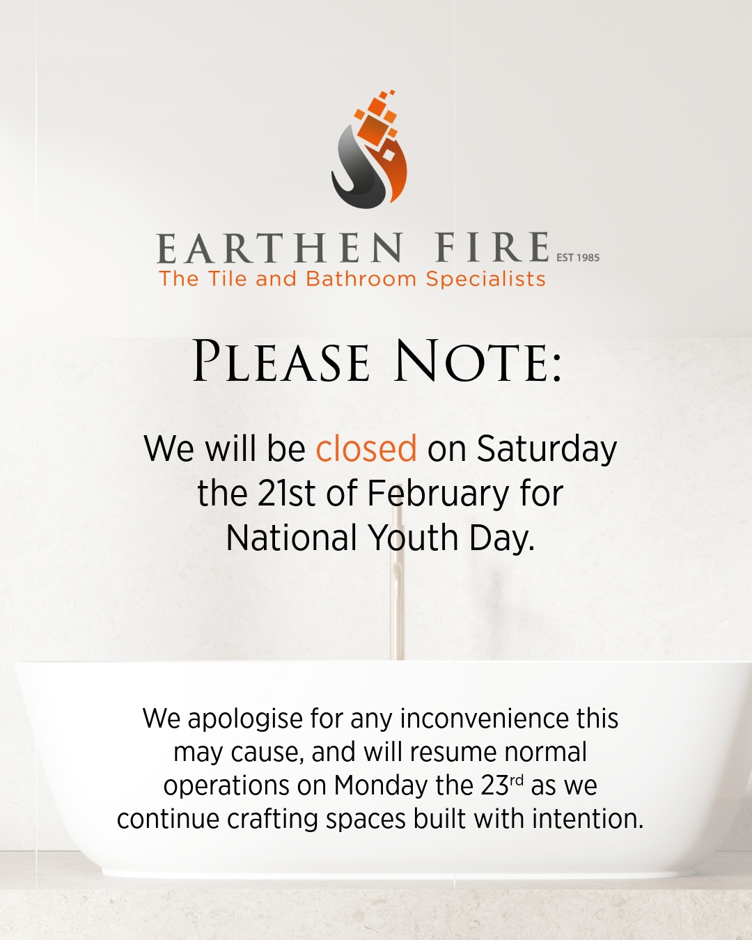 Honouring the Future
As we approach National Youth Day this Saturday, we pause to reflect on the strength, vision, and promise of the next generation.
Please note that Earthen Fire will be closed on Saturday in observance of National Youth Day. We will resume normal operations on Monday and look forward to continuing to craft spaces built with intention.
📲 Enquire with us on WhatsApp:
https://wa.me/263772204044
#NationalYouthDay #Zimbabwe #BuiltWithIntention #TimelessDesign #LuxuryBathrooms #DADOQuartz #CraftedToLast #EarthenFire #InteriorExcellence