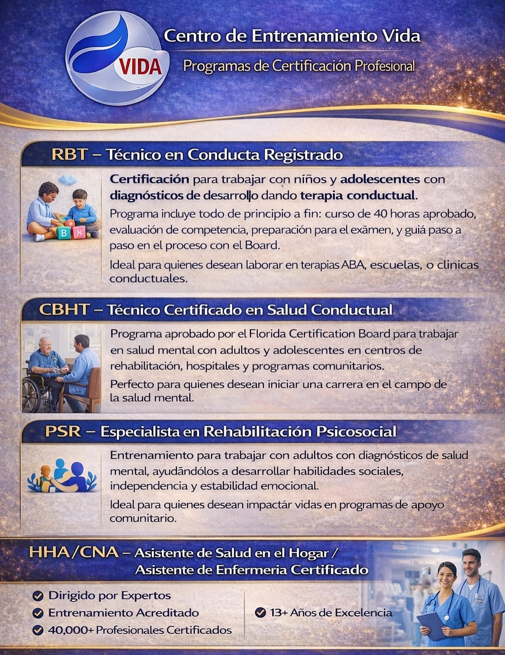 ✨ Start Your Career with Vida Training Center ✨
We offer professional certification programs designed to help you enter the behavioral health and healthcare fields with confidence.
✔ RBT – Work with children and adolescents providing behavioral therapy
✔ CBHT – Start your career in mental health settings
✔ PSR – Support adults in psychosocial rehabilitation programs
✔ HHA / CNA – Train to work in hospitals, nursing homes, and home care
Led by experts. Accredited training. 13+ years of excellence. 40,000+ professionals certified.
📞 786-316-7106
🌐 www.vidatraining.center
Your future starts here.
⸻
✨ Comienza Tu Carrera con Vida Training Center ✨
Ofrecemos programas de certificación profesional diseñados para ayudarte a ingresar al campo de la salud conductual y el cuidado de la salud con confianza.
✔ RBT – Trabaja con niños y adolescentes brindando terapia conductual
✔ CBHT – Inicia tu carrera en el campo de la salud mental
✔ PSR – Apoya a adultos en programas de rehabilitación psicosocial
✔ HHA / CNA – Prepárate para trabajar en hospitales, hogares de ancianos y cuidado en el hogar
Dirigido por expertos. Entrenamiento acreditado. 13+ años de excelencia. Más de 40,000 profesionales certificados.
📞 786-316-7106
🌐 www.vidatraining.center
Tu futuro comienza aquí. 💙 #enrollnow #vidatraining #miami #miamijobs