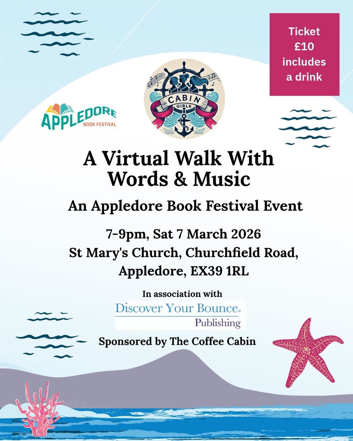 Through images, original poems and songs to the sea, The Cabin Girls will take you on a journey from Lundy to Appledore, Bideford and Northam, bringing to life the sights and sounds of the glorious North Devon landscape and seascape. The evening includes an interval where refreshments and copies of ‘The Shout’ poetry book will be available to purchase. Tickets are available from www.appledorebookfestival.co.uk!
In association with Discover Your Bounce Publishing and Sponsored by The Coffee Cabin #thecabingirls #appledorebookfestival #localevent #poetry