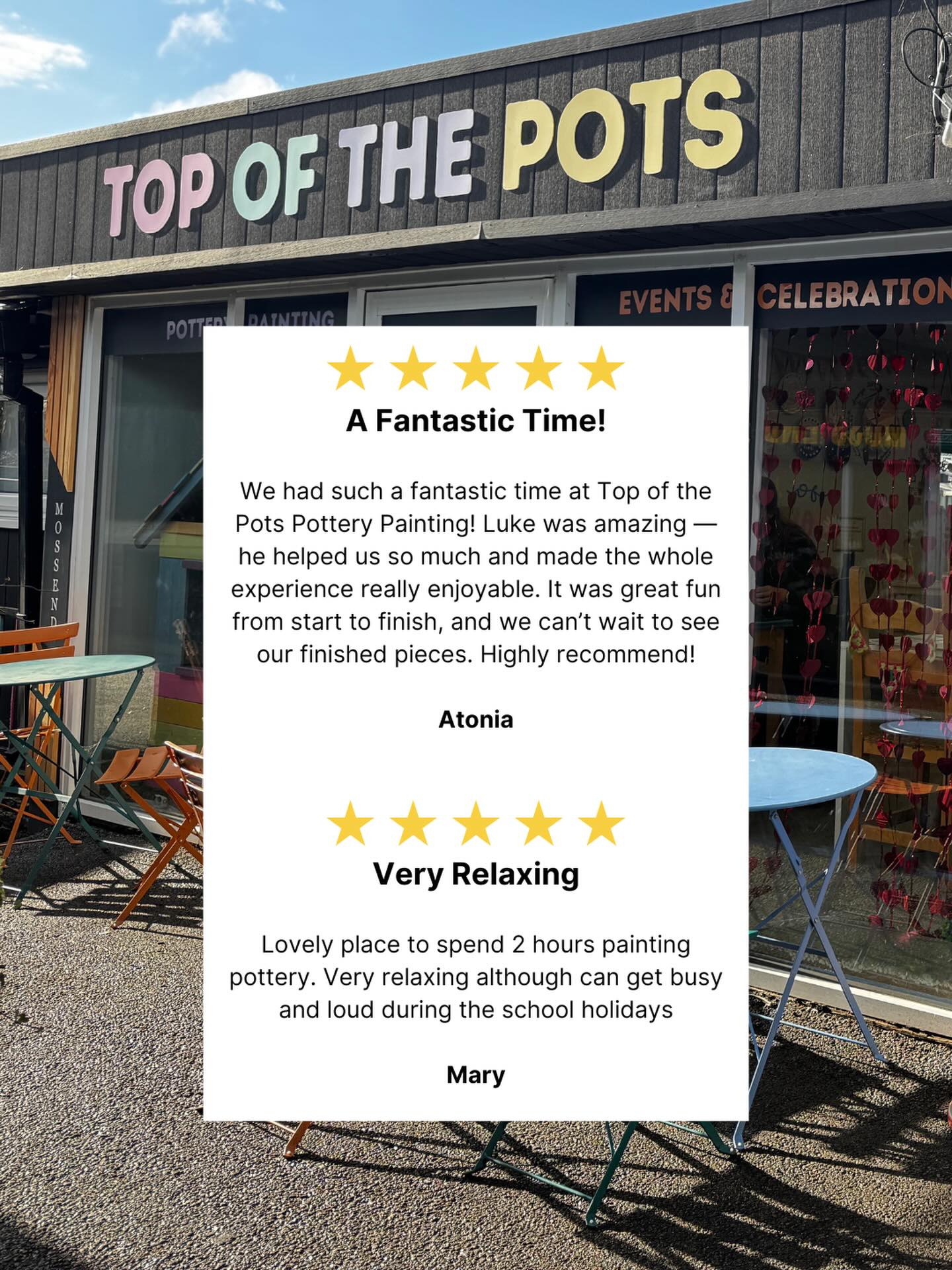 What a way to wrap up an incredible half term with not one, but two more 5 ⭐ reviews!
Thank you so much everyone, it’s been amazing to meet so many new faces in the last week as well as welcome plenty of regulars. Your support means the world to us as we want to give you the best experience possible.
Next up Mother Day! Watch this space for some new sessions being added to the weekdays and please reserve your table
https://www.topofthepots.co.uk/reservations
#potterypainting #potterystudio #pottery #berkshire #studio
