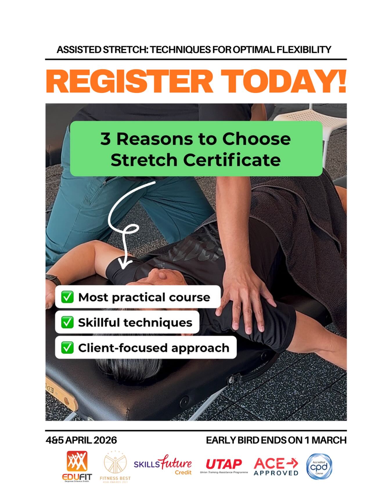 🌟 Master Assisted Stretching 🌟
Enhance mobility, reduce tension, and elevate overall wellness through effective assisted stretching techniques. Ideal for fitness professionals, manual therapists, and wellness enthusiasts ready to upgrade their skillset.
✅ Why Join?
• SkillsFuture Credit & UTAP eligible
• Practical, hands-on techniques you can apply immediately
• Expand your professional value and career opportunities
🚨 Limited slots available
👉 Invest in yourself and take your skills to the next level.
🗓️ 4 & 5 April 2026
🔗 https://fitasia.sg/courses/assisted-stretching/
#SkillsFutureEligible #AssistedStretching #LifelongLearning #SingaporeCourses #healthandwellness