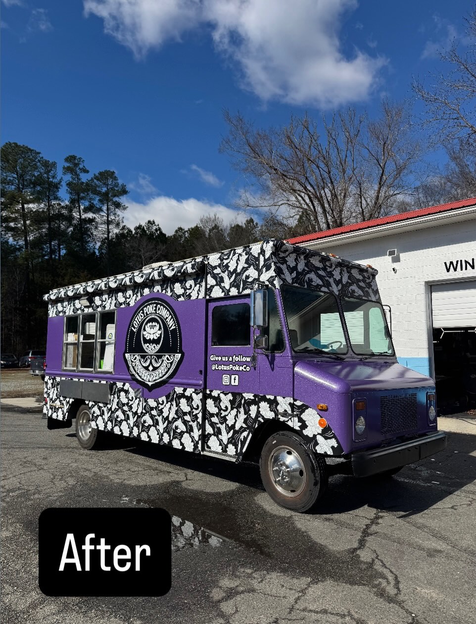 Swipe to see one the of the biggest transformations we’ve done yet!➡️ This Food truck came in with old business logos that we removed and even with paint peeling we were able to to bring this Truck back to life for Lotus Poke Company which is a local Truck Vender here in Pittsboro!🚀💜#foodtruckwrap #vinylwrap #pittsboronc #windowtint #businessadvertising