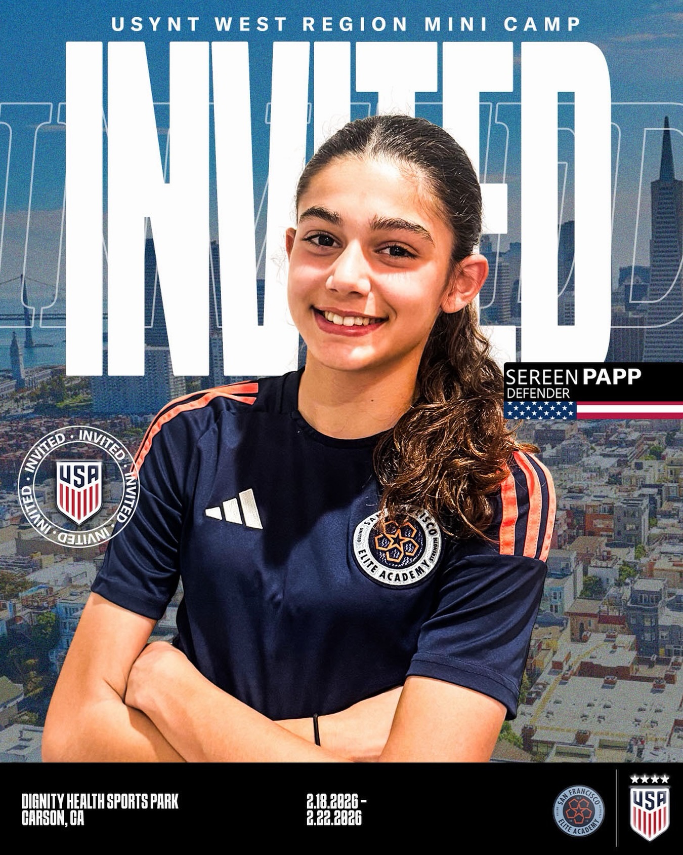 She walked into San Francisco Elite Academy with a dream and went straight to work.
Quiet grind. Extra touches. Big moments earned, never given. Growing up in the City, wearing the badge with pride, leveling up every time the lights got brighter.
Two U.S. Soccer Talent ID Center invites along the way.
Now Sereen Papp is headed to Carson as one of 80 players selected for the U-14 Girls West Region Talent ID Mini-Camp.
From SFEA to the national stage.
Same player. Bigger platform.
Keep shining, Sereen. The City is watching.
#ForTheBay | #SiempreComoUno