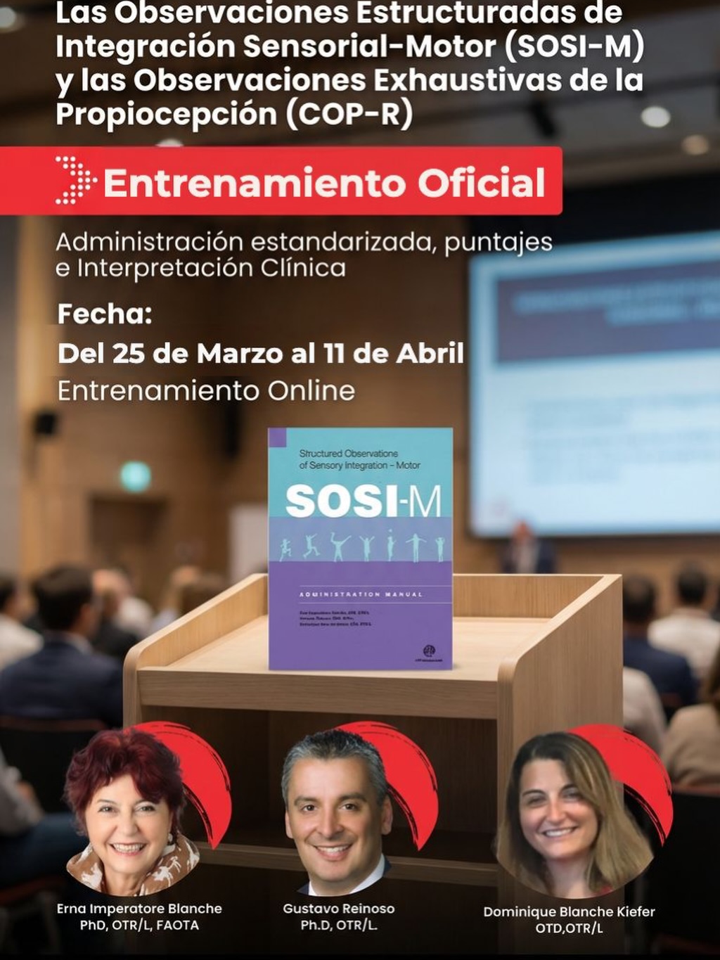 ¿Estás evaluando planificación motora… o solo “suponiendo”? 👀
Muchos niños llegan con diagnóstico.
Pero pocos llegan con una evaluación realmente profunda de su sistema vestibular y propioceptivo.
Y ahí es donde cambia TODO.
Del 25 de marzo al 11 de mayo 2026 podrás formarte directamente con:
✨ Erna Imperatore Blanche, PhD, FAOTA
✨ Gustavo Reinoso, PhD
✨ Dominique Blanche Kiefer, OTD
En el curso:
INCORPORACIÓN DE OBSERVACIONES ESTRUCTURADAS
SOSI-M + COP-R
🔎 Aprende a:
✔️ Administrar correctamente ambos instrumentos
✔️ Puntuar con criterios estandarizados
✔️ Interpretar resultados clínicamente
✔️ Detectar fallas en control postural y planificación motora
✔️ Medir propiocepción con uno de los primeros instrumentos diseñados para ello