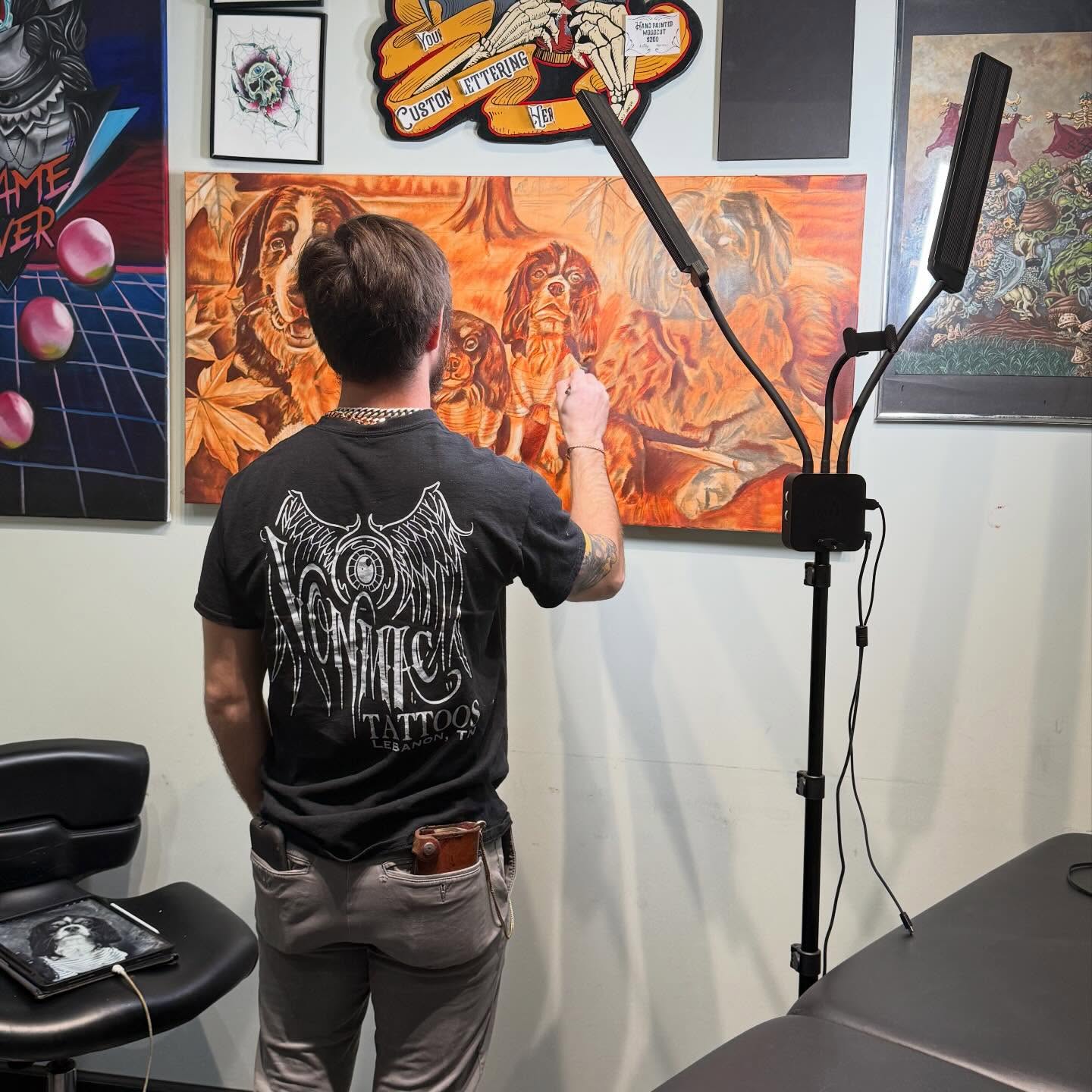 We don’t just do tattoos and piercings here at Outlaw Art, we use every opportunity to create and craft when we can! @vonmactattoos does amazing oil painting commissions and leather work through https://www.etsy.com/shop/Vonmactattoos @artbyjustindoring also has a beautiful Etsy shop https://www.etsy.com/shop/Sacredharborsupply curated to showcase the beauty and sanctity of Eastern Orthodox art @andreakelley_tn also takes on commissions for watercolor and sells prints and @shonreed2715 has been creating custom jewelry displays! Whether it’s a new art piece or a new tattoo come by or give us a call to discuss your next project!