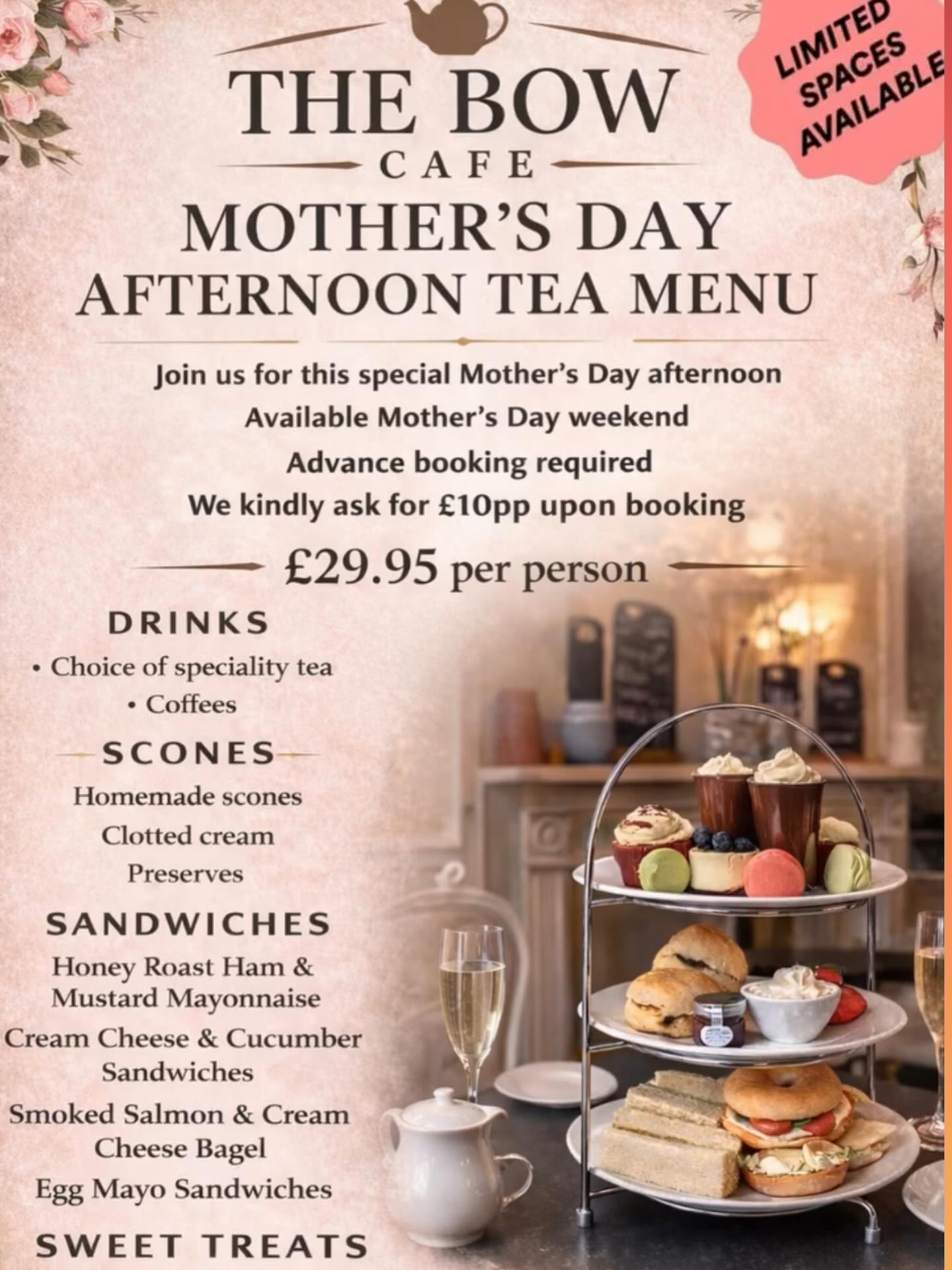 🌼💛 Mothers Day Afternoon Tea 💛🌼
Bookings are now being taken for our popular Mother’s Day Afternoon Tea 💐
Treat the special one in your life on Mother’s Day and join us @thebowwindow to enjoy our delicious afternoon tea.
Served from 12.00pm -15.00pm on Sunday 15th March.
Pre-booking and payment required in advance.
£29.95 per person
GF and vegetables option available for an additional £5.00 per person.
Contact us during opening hours on 01622850802 or pop in and see us to secure your booking (9am-4pm Tues-Sun)
💛LIMITED SPACES AVAILABLE💛
#lenham #bearsted #maidstone #kent #mothersday
