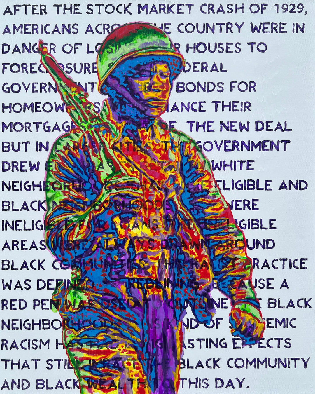 NEW WORK!
I named this acrylic on canvas painting "GI Bill". Paintings can be an important part of preserving and teaching history. This painting was made to honor the Black soldiers of WW2, and to remember that upon their return to America they did not receive the full benefits they deserved. After WW2, the GI Bill transformed lives, but Black soldiers faced systemic barriers that denied them its full benefits. The GI Bill did not serve all veterans equally. Black soldiers returned to a world of discrimination, making it very hard for them to access housing, education, and jobs. The legacy of the GI Bill reminds us to fight for fairness and inclusion. Black WW2 soldiers deserved equal recognition for their service and equal access to opportunities. Share your thoughts below! #GIBill #EqualOpportunity #HistoryMatters #VeteransRights #Equity #SocialJustice #InclusionMatters #BlackVeterans #Community