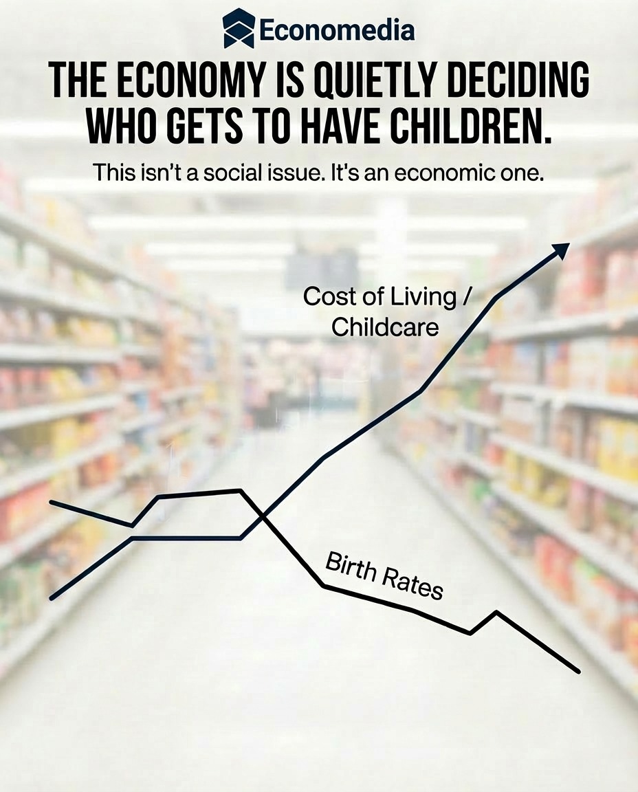 Birth rates aren’t falling because people suddenly changed their values. They’re falling because the cost of housing, childcare, education, and basic stability keeps rising, while income security hasn’t kept up.
When starting a family requires financial certainty most people can’t reach, this stops being a social debate. It becomes an economic outcome.
This isn’t about personal choices.
It’s about incentives, prices, and risk.
