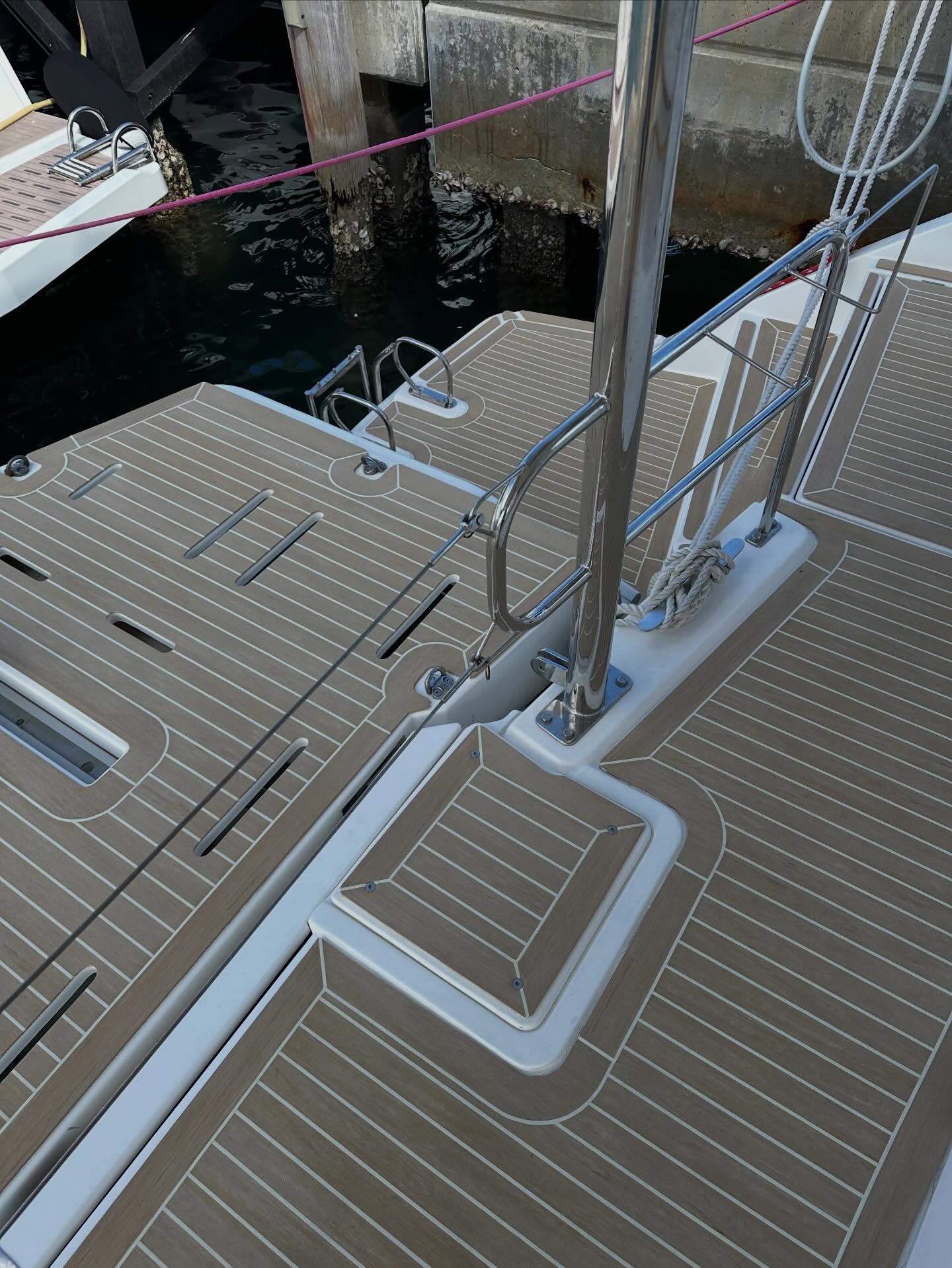 New synthetic teak decking for MY Valeria. #yachtlife #hauloverinlet #billbirdmarina #yachtdesign #yachtlifestyle