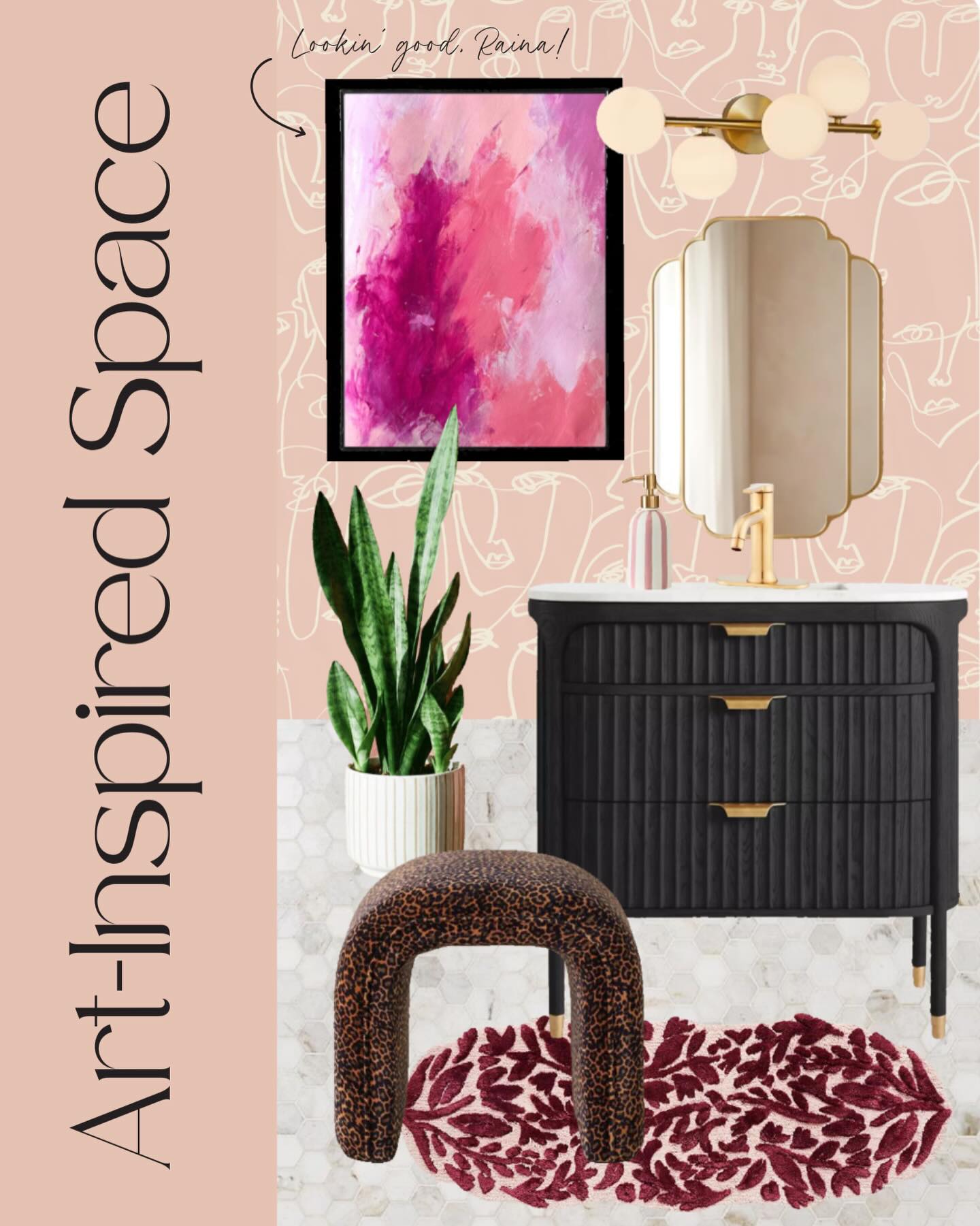 Imagine getting ready for the day in this gorgeous, pink-tinged bathroom, with glam accents and the lush Raina painting.
Find more abstract art in my Etsy shop, and more fun, like these art and design collages, on my Pinterest!
#artinspireddesign #pinkpainting #abstractart #etsyartist #zimmestudio