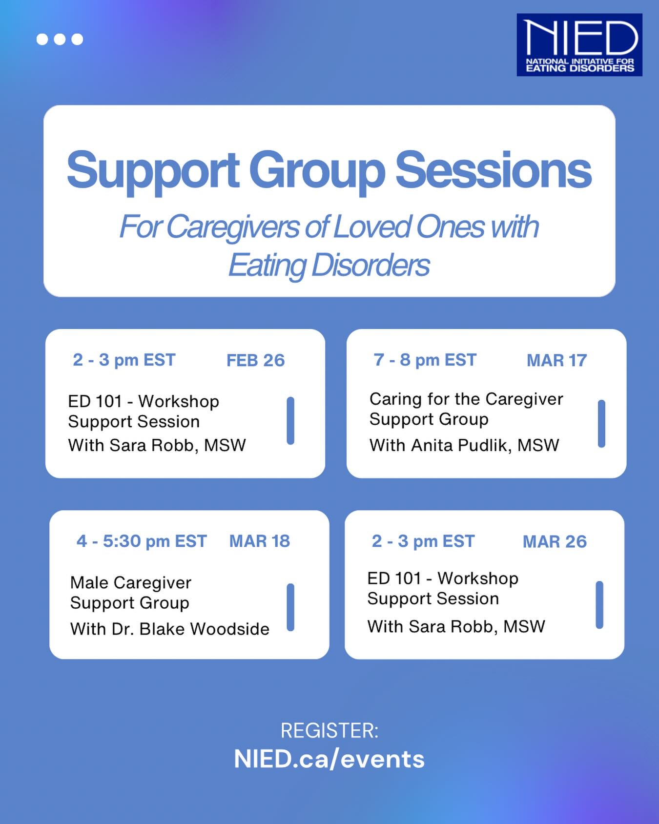 ⨠Upcoming support groups at NIED āØ
𩵠ED 101 - Workshop Support Sessions
This monthly support group is designed to provide follow up conversations based on the topics presented in our Caregiver Education Series (offered February, April, June, October), as well as other areas of interest for the participants.
The goal is to expand on caregiversā understanding of the complexities of eating disorders in order to best support their loved ones. This group will be facilitated by Sara Robb, MSW.
𩵠Caring for the Caregiver Support Group
This support group is designed specifically for caregivers to explore the importance (and the challenges) of engaging in self care. We are best able to support our loved ones if we feel supported ourselves. This group will be facilitated by Anita Pudlik, MSW.
𩵠Male Caregiver Support Group
Designed specifically for male caregivers who often face distinct challenges in supporting their loved ones. Our goal is to create a safe, supportive space where you can share experiences, gain insights, and find the strength to continue your vital role. These monthly sessions are being facilitated by Dr. Blake Woodside. We will also have additional sessions with guest speakers.
š» Register at NIED.ca/events