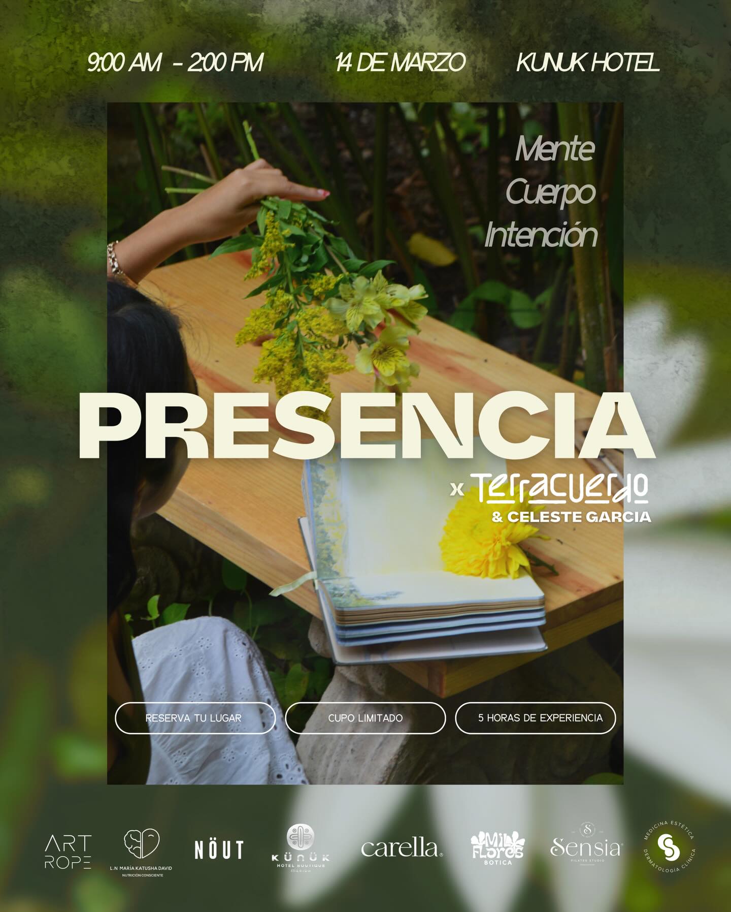 PRESENCIA
mente, cuerpo e intención.
Respirar para alinear.
Mover el cuerpo y activar energía.
Nutrirnos en comunidad.
Crear con flores reales.
Escribir para mirar hacia adentro.
Diseñar un ritual que permanezca en tu rutina.
Cinco horas de experiencia sensorial y creativa.
Sábado 14 de marzo
9:00 am – 2:00 pm
Hotel Kunuk, Mérida
Cupo limitado.
Mándanos mensaje para más información y conoce todos los beneficios de ser parte de PRESENCIA.