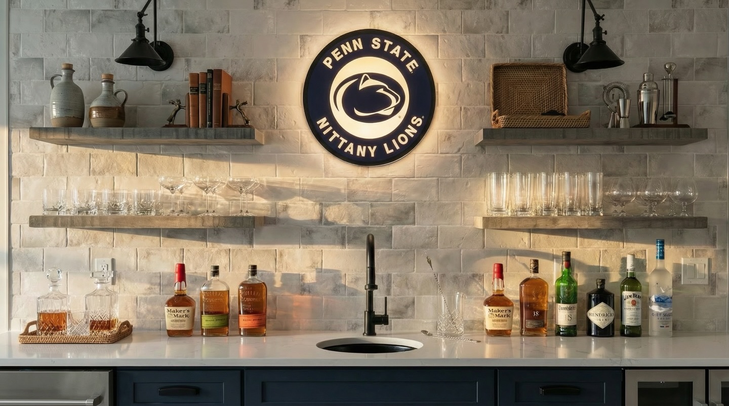 This was a fun one to bring to life. From the lighting to the shelves to that statement illuminated Penn State sign on the wall, every detail came together exactly how we pictured it.
If you’ve got a space in mind, let’s make it happen!