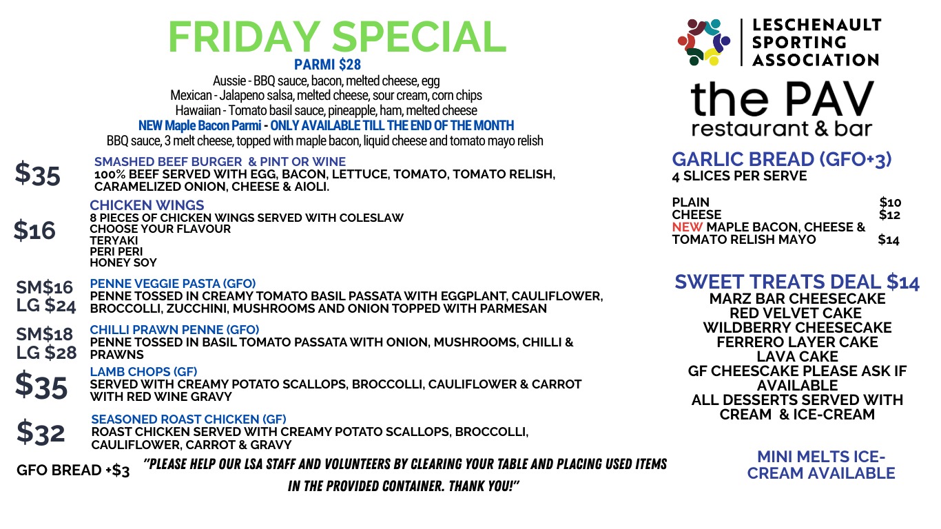 ๐ฝ๏ธ Meal & Pint Deal ๐บ
Got you covered for dinner tonight at The Pav!
Enjoy a delicious meal paired with a refreshing pint at a great price.
Plus, football is on the big screen โ so sit back, relax and enjoy your night at The Pav with great food, cold drinks and all the action live!
See you tonight ๐