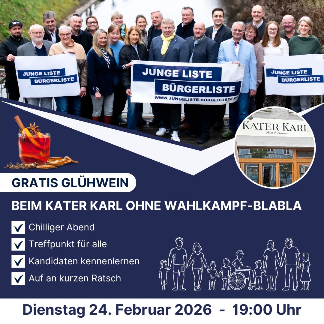 Lerne unsere Stadtratskandidat*innen im Kater Karl bei einem kurzen Ratsch und einem kleinen Getränk kennen!
Glühwein GRATIS!
Auf unserer Homepage www.jl-bl.de gibt es alle Infos zu unseren Zielen und Visionen – und alle Termine, bei denen du direkt ins Gespräch kommen kannst. Dein Kontakt zählt!
#kommunalwahl2026 #stadtrat2026 #pfarrkirchen #GemeinsamFürEinLebendigesPfarrkirchen
