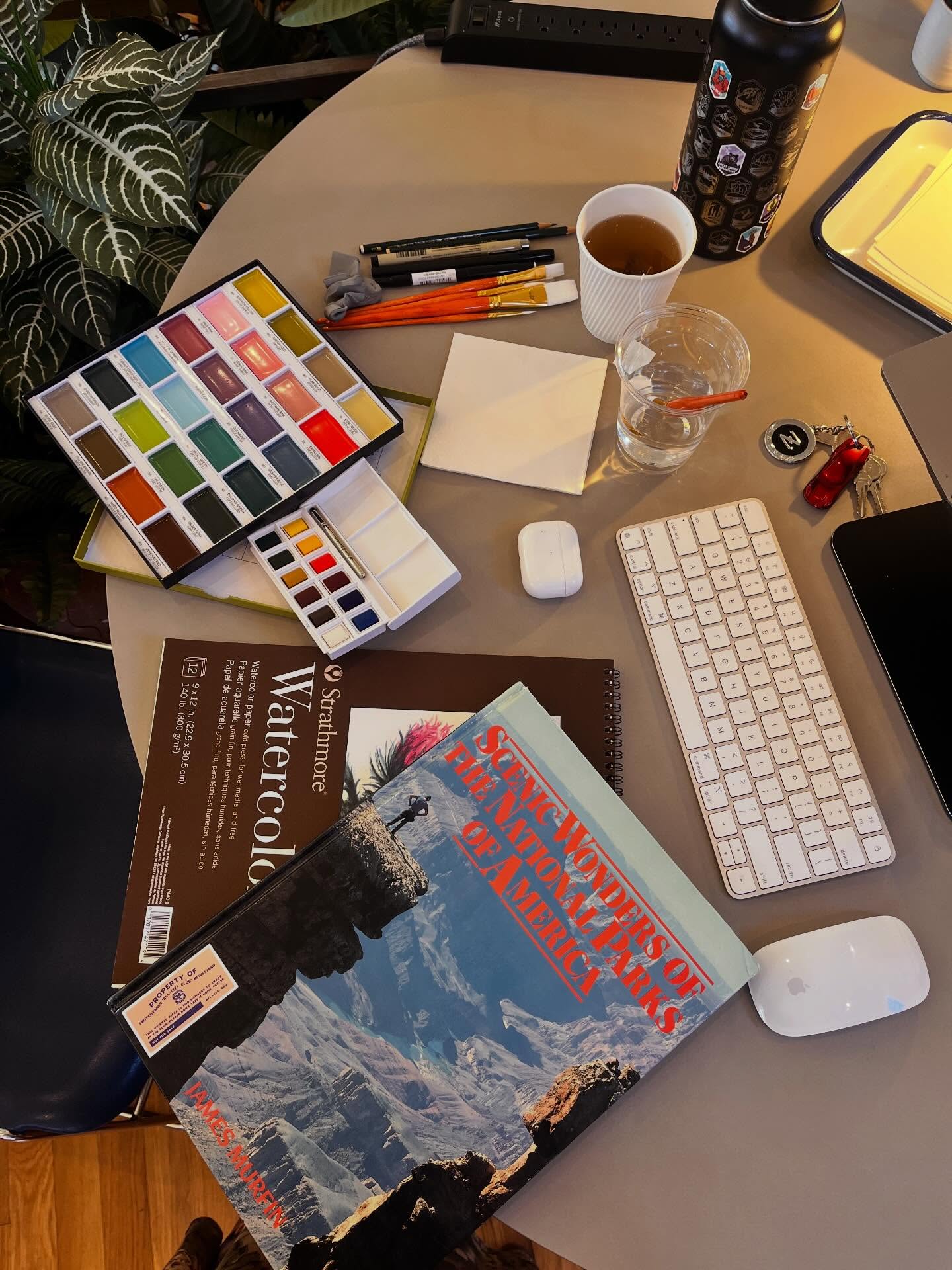 Today’s desk
There’s not much in this world better than a new set of art supplies. My intention in branding is to do it the slow way, tangible, backed by craft, and done by hand.
Visit libraries and get eyes on physical printed materials, source vintage papers, use real references. Yes, it takes longer but I really do sleep better at night knowing there’s a reason and I’m sure as hell not cutting corners.