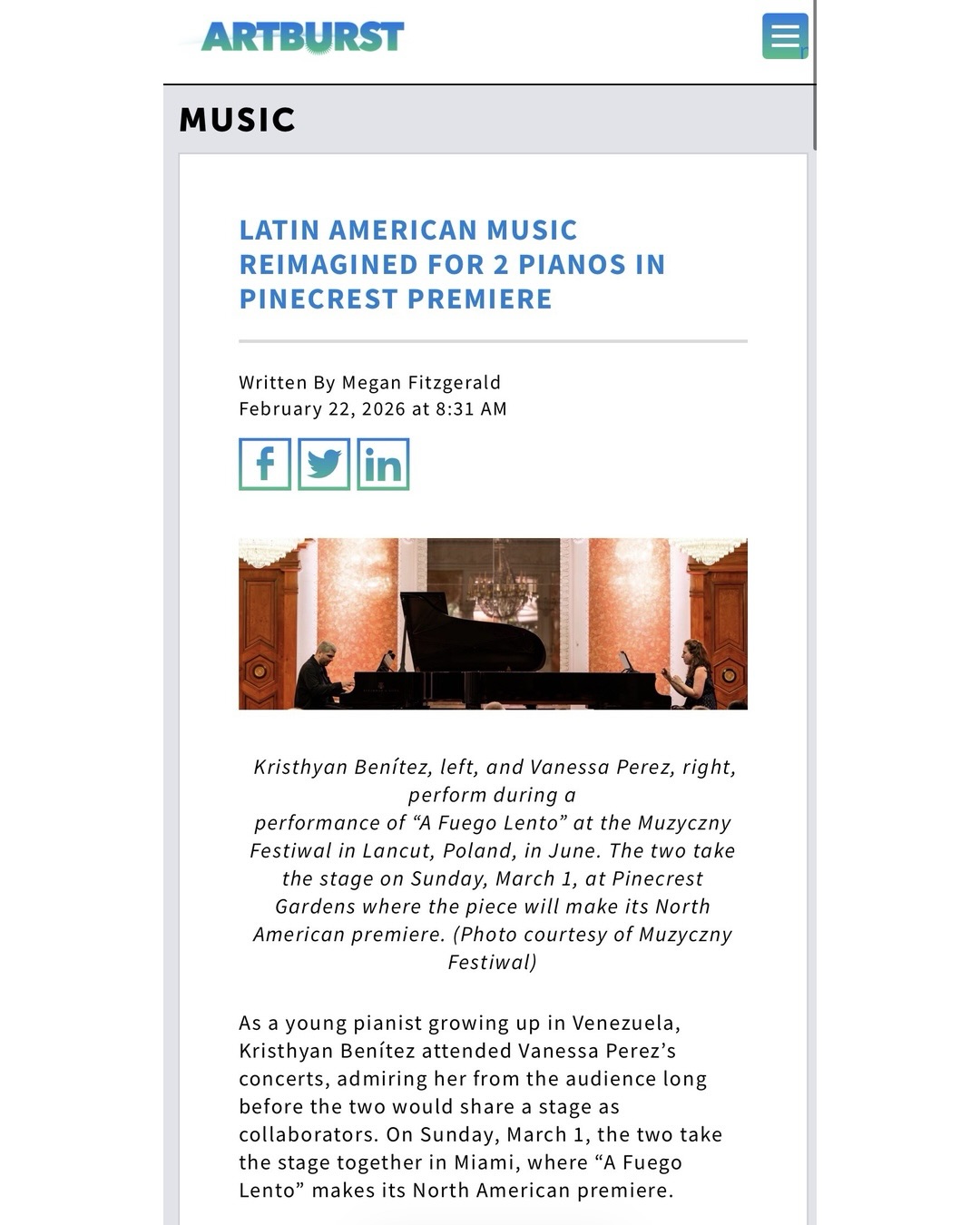Honored to see A Fuego Lento featured in @artburstmiami_ as we bring its North American premiere to Miami.
A project born from friendship, memory, and the sounds of Latin America — reimagined for two pianos.
Nos vemos en Pinecrest Gardens 🌿
#AFuegoLento #music #piano #LatinAmerica