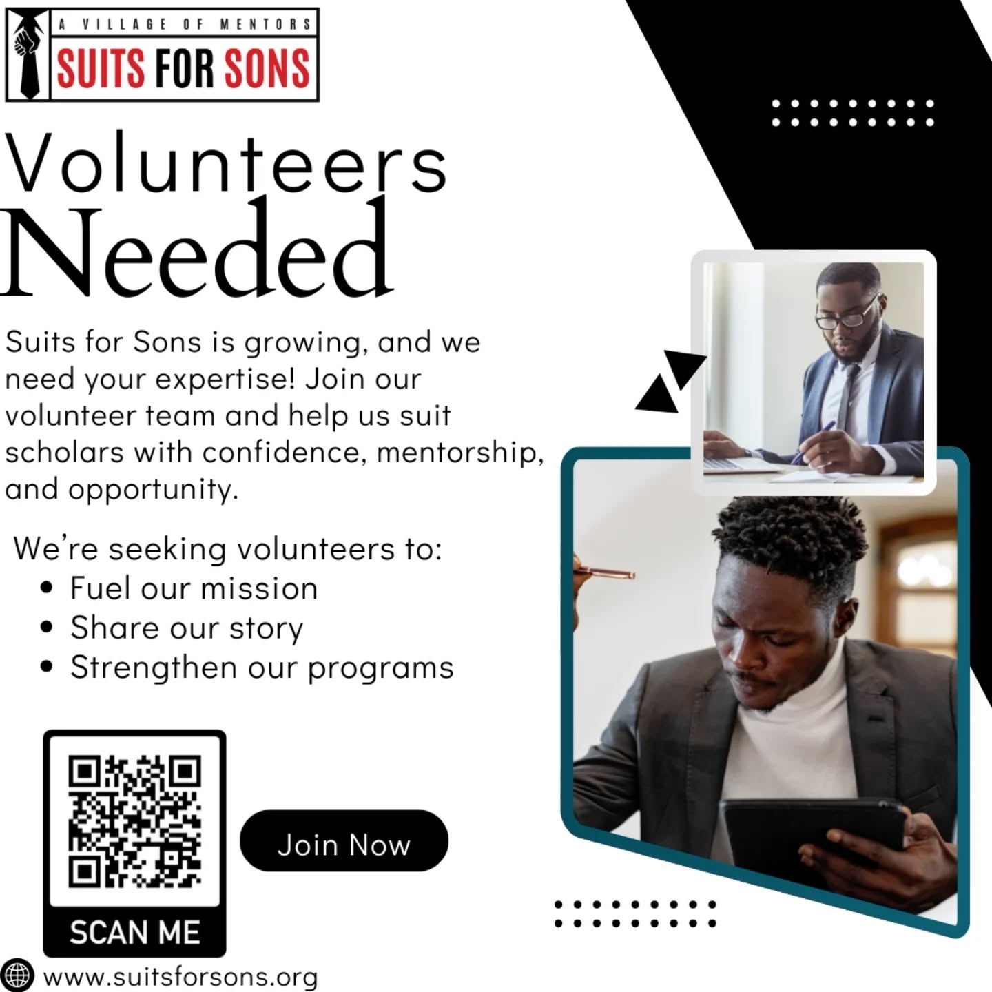 We are officially expanding our team of volunteers, and your expertise could be the blueprint for someone elseโs breakthrough! Whether you are a seasoned professional with a lot of experience, or a rising leader, your time and guidance can change the trajectory of a young manโs career.
Join the movement at www.suitsforsons.org and help equip the next generation of leaders of tomorrow with the tools they need today!๐ค๐พ๐๐ผ๐
#VolunteerHouston #NonProfit #ProfessionalDevelopment