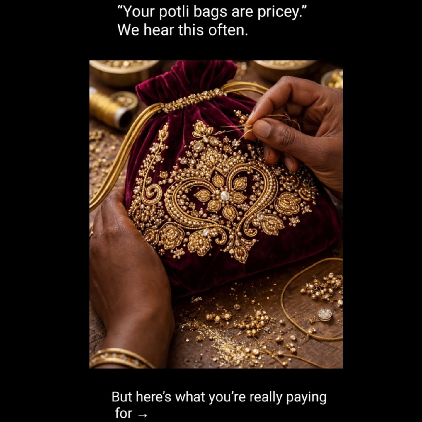 Price reflects process.
Handcrafted detail will never be priced like machine-made shortcuts. And that’s okay.
#handcrafted #zardosiwork #potli #slowfashionindia #artisanmade