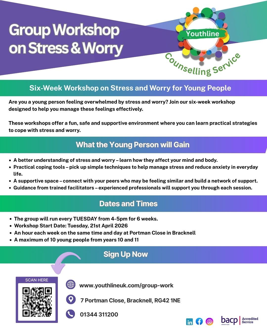 🌟 Feeling stressed or worried? You’re not alone! 🌟
Join our 6-week workshop designed for young people to learn how to manage stress and worry in a fun, safe, and supportive environment.
What you’ll get:
✅ Understanding stress & worry – Learn how they affect your mind and body
✅ Practical coping tools – Simple techniques to help reduce anxiety in everyday life
✅ Supportive space – Connect with peers who may be feeling similar
✅ Guidance from trained facilitators – Experienced professionals supporting you each session
📅 When: Every Tuesday, 4–5pm, starting 21st April 2026
📍 Where: Portman Close, Bracknell
👥 Who: Young people in Years 10 & 11 (max 10 participants)
Spaces are limited, so don’t miss out! Sign up now and take the first step toward feeling calmer and more in control.
#youngambassadors #youngpeople