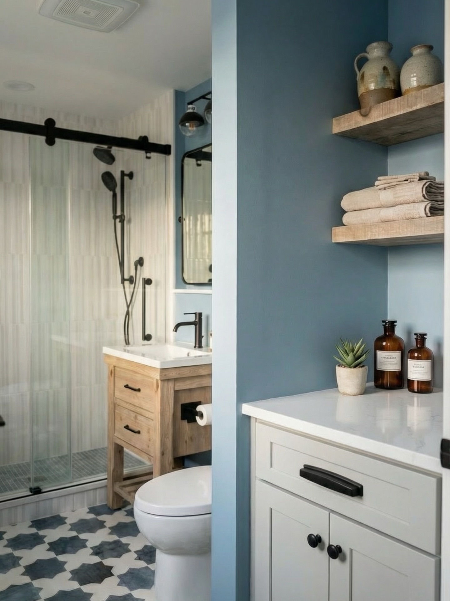 We really loved how this one turned out. The blue, the wood vanity, the patterned floor — it just works. Clean, simple, but still has some personality. Small bathroom, big upgrade.
If you’ve been thinking about refreshing a space like this, let’s do it.