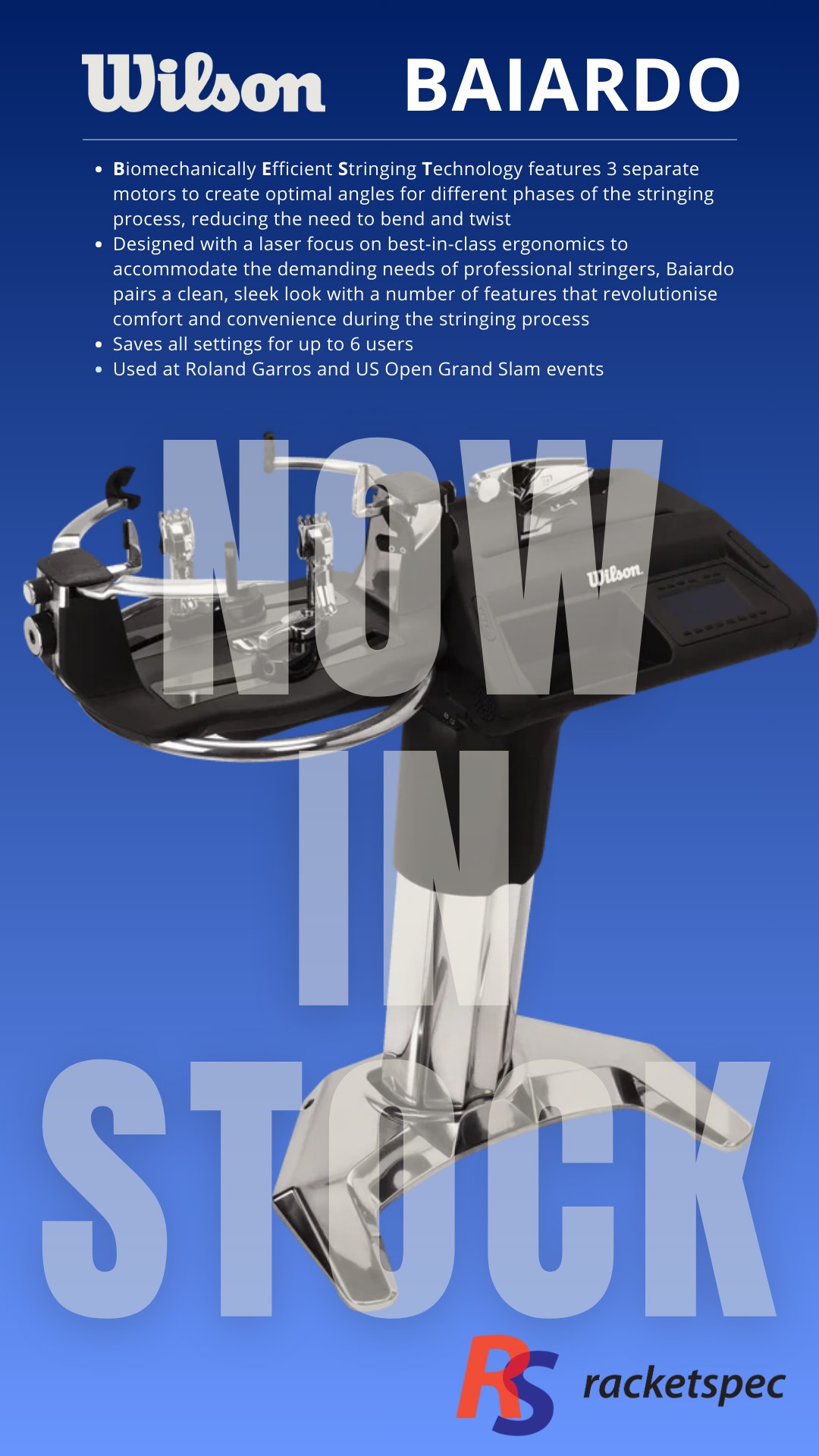 Wilson Baiardo - Now In Stock - Contact us for more info!
Designed with a laser focus on best-in-class ergonomics to accommodate the demanding needs of professional stringers, the Wilson Baiardo Stringing Machine pairs a clean, sleek look with a number of features that revolutionise comfort and convenience during the stringing process.
Biomechanically Efficient Stringing Technology features three separate motors to create optimal angles for different phases of the stringing process, reducing the need to bend and twist. These tilt and height positions are determined by formulas based on the user's height, but can be customised and recalled for up to six different users through a multilingual touch screen display. Machine also features a six-point mounting system with 360-degree rotation, and a self-guiding tension head that requires just one motion to lock the string and pull tension with the flick of a finger. @wilsonracketsuk #Wilson #Stringing #racketspec #officialsupplier #UK