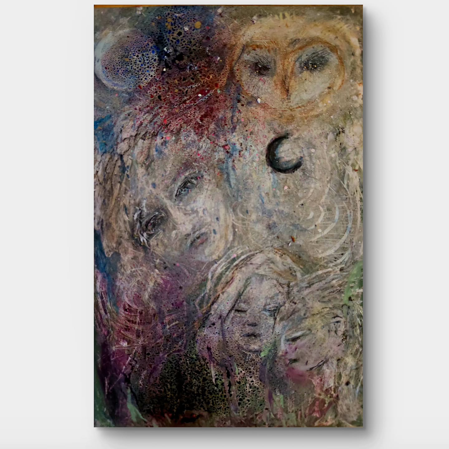 "Strangers in the Night." This one's a little weird, but I'm having enough fun with sargraffito these days where I might quit stealing my grandson's oil pastels and make something serious. He and I did some damage to more 8x10-ish upcycled matboard...I finished "her" after he went home. This beastie also has a few shots of alcohol ink, some spray mica, and silver oil paint pen for star detail ans a kiss of shimmer.This particular owl is one of my favorites so far, I like the accidental Bowie eyes on the sky goddess, and the cartoony cosmic sisters playing in the foreground. It was fun. Tomorrow's a blizzard, maybe I'll make another. Like pretty much everything else I make it's for sale. Six hours work time, make offer based on that.
#sgraffito #scratch #oilpastels #repurpose upcycle #whimsigoth #owlsofinstagram #goddessart #fantasylandscape #magicalgirl