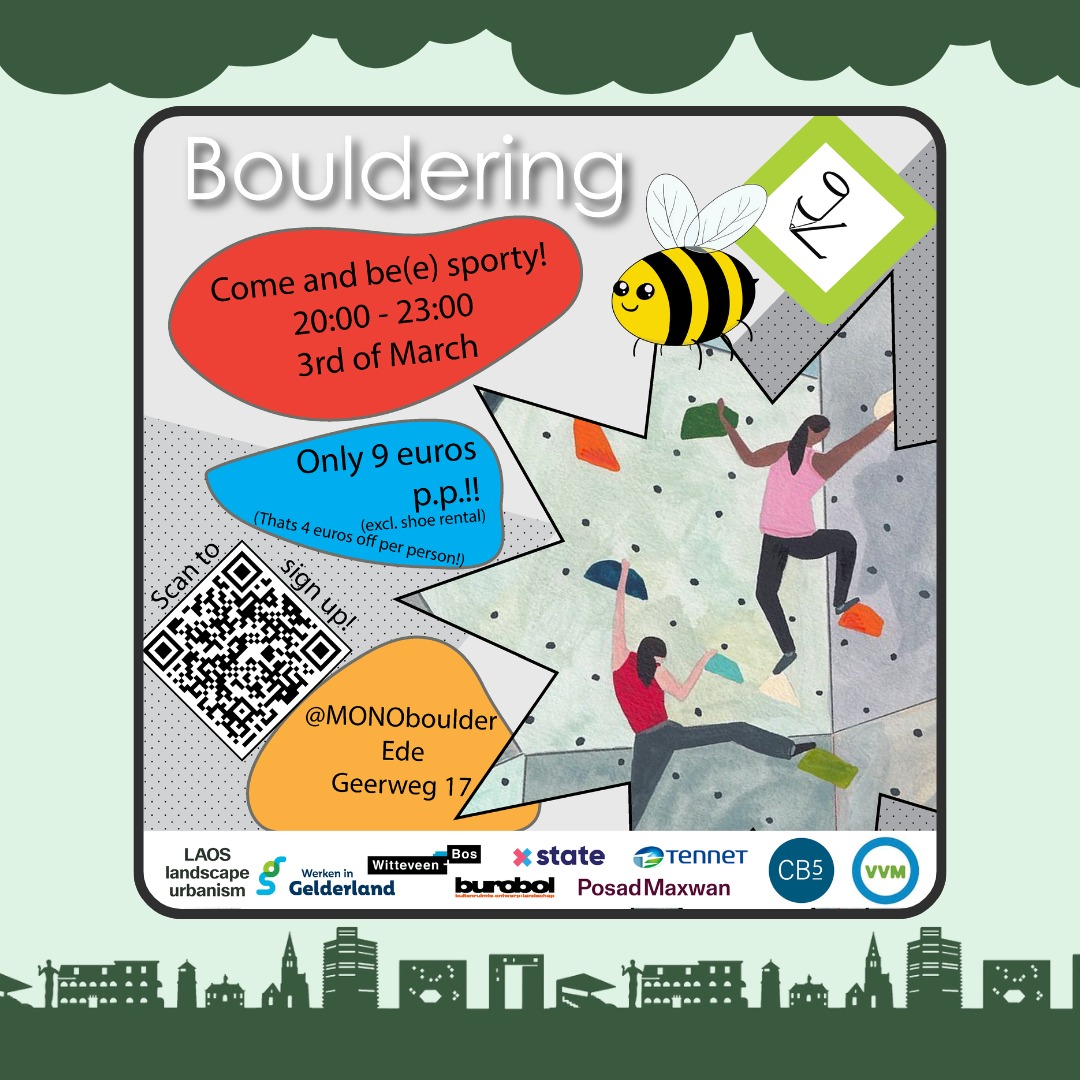 Dear Masters,
Do you feel like you're stuck inside sitting behind a desktop all day? Would you like to keep the blood flowing and are you looking for a fun, exciting activity with other master students? Look no further! Your MasCot is organising a bouldering evening on March 3rd at 20:00h 🧗! Bouldering is a great activity to fysically and mentally challenge yourself by focussing on solving movement puzzles🤔, and it's a very rewarding way to find your own strength💪.
The boulder gym is located at Geerweg 17, 6717 LE Ede, which is within walking distance of the busstop Horalaan 🚍, or you can bike there 🚲.
✨We arranged an exclusive discounted participation fee of €9,00✨! (not including shoe rental)
You don't need any prior climbing experience, just bring yourself, some comfy sportsclothing and a good mood!
We hope you'll be(e) there!
Your MasCot 🐝