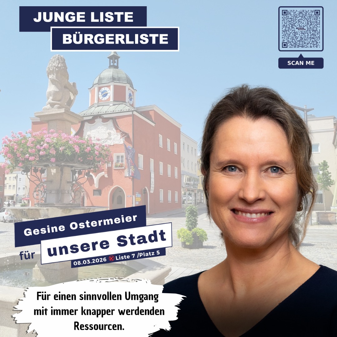 Für einen sinnvollen Umgang mit immer knapper werdenden Ressourcen.
🌱 Nachhaltigkeit ist für Gesine Ostermeier ein Herzensanliegen – gemeinsam Pfarrkirchen ökologisch und verantwortungsbewusst gestalten.
Lerne unsere Stadtratskandidat*innen kennen! Auf unserer Homepage www.jl-bl.de gibt es alle Infos zu unseren Zielen und Visionen – und alle Termine, bei denen du direkt ins Gespräch kommen kannst. Dein Kontakt zählt!
#kommunalwahl2026 #stadtrat2026 #pfarrkirchen #GemeinsamFürEinLebendigesPfarrkirchen