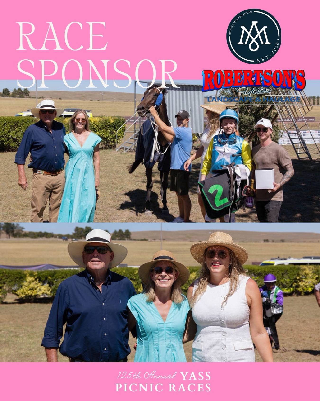 A very big thank you to Robertson’s Yass and the Abbey family, on behalf of the Michael Abbey Memorial, for their generous sponsorship and steady support of the Yass Picnic Races year in, year out. Your contribution helps keep this community race day alive and well, and we are very grateful.
We look forward to seeing you and the family trackside this Saturday for a wonderful day out.
#YassPicnicRaces #MichaelAbbeyMemorial #RobertsonsYass #CommunityRacing #YassValley CountryRaces