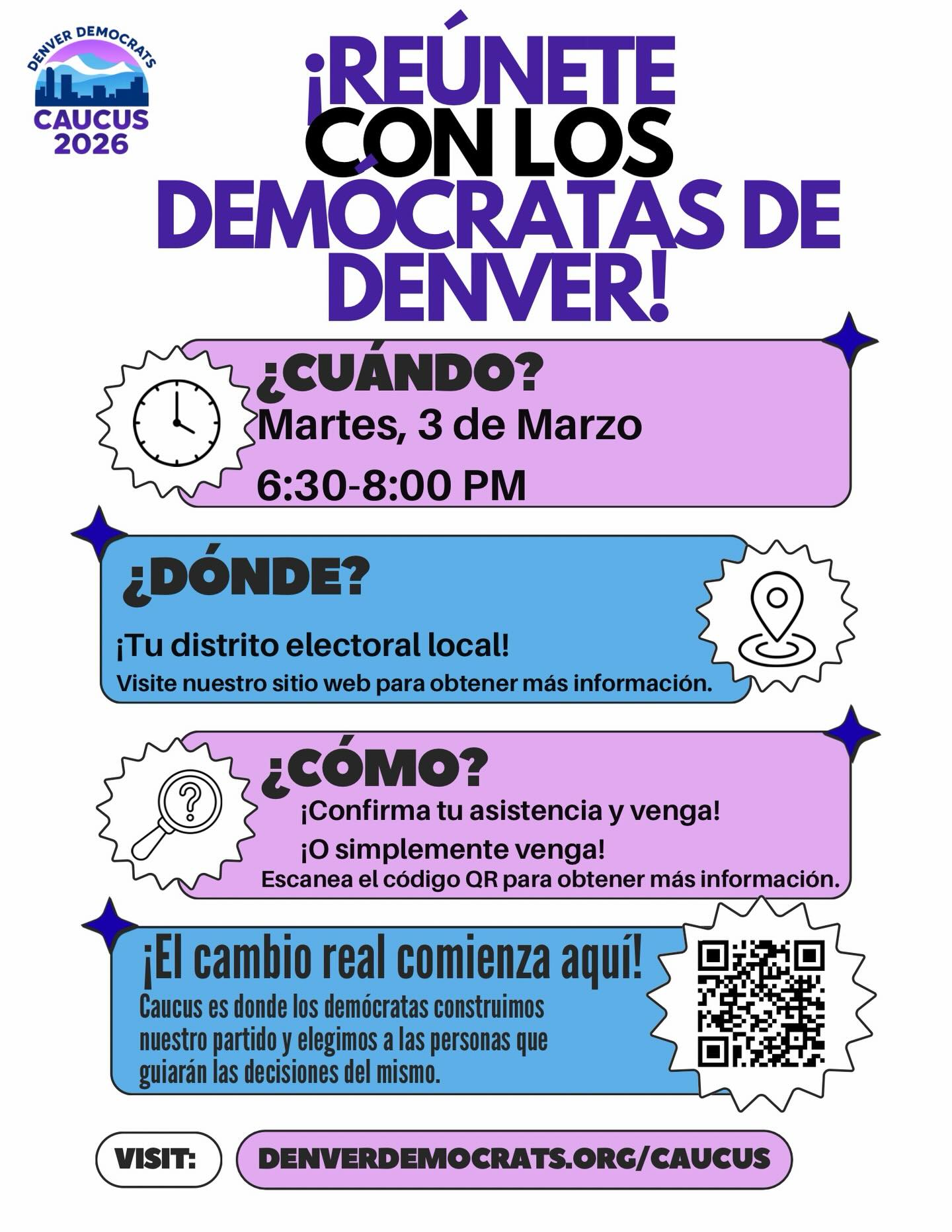¡Quedan menos de dos semanas para las primarias! ¡Únete a nosotros para participar y marcar la diferencia en el Partido Demócrata!
¡Esperamos verte el martes 3 de marzo a las 6:30 p. m.!
¡Cada distrito electoral celebrará unas primarias en tu barrio! ¡Averigua dónde debes acudir aquí o en nuestra página web!
#demócratas #primarias #acciónpolítica #denver #participa