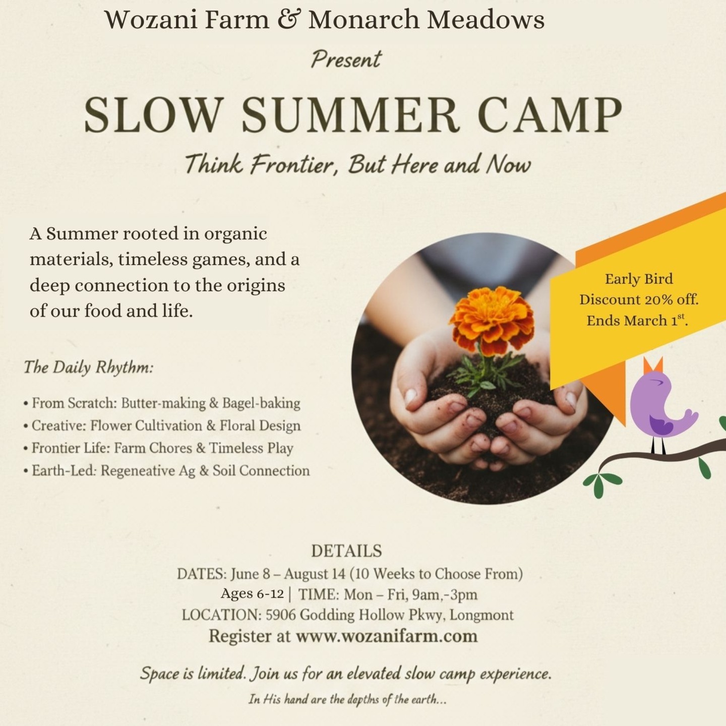 We are so excited to announce that our camp is up and running! We have a great big 20% off discount until the end of the month. And we have a Multiple child discount! We wanted to create a camp that reflects our heart, and that goes against the current norms of screen time and everything now. So your kids will come home muddy and calm, with hearts filled and body's tired.