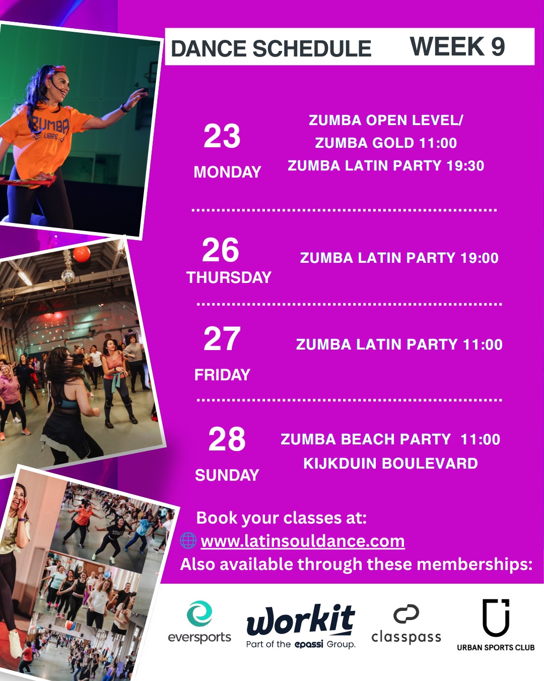 Hello Latin Soul Family 💃✨,
A new week means new rhythms, new smiles, and more moments to dance together 💜
Here is our Dance Schedule for Week 9, full of energy, joy, and Latin vibes!
🗓 Week 9 – Dance Schedule
📍 Monday 23
✨ Zumba Open Level
✨ Zumba Gold – 11:00
🎉 Zumba Latin Party – 19:30
📍 Thursday 26
🎉 Zumba Latin Party – 19:00
📍 Friday 27
🎉 Zumba Latin Party – 11:00
📍 Sunday 28
🌊💃 Zumba Beach Party – 11:00
📍 Kijkduin Boulevard
(Dance, fresh air, ocean vibes & pure joy!)
🔗 Book your classes here:
👉 www.latinsouldance.com
You can also join us using your memberships:
Eversports | Workit | ClassPass | Urban Sports Club
#zumba #zumbafitness #dans #thehague #latinos