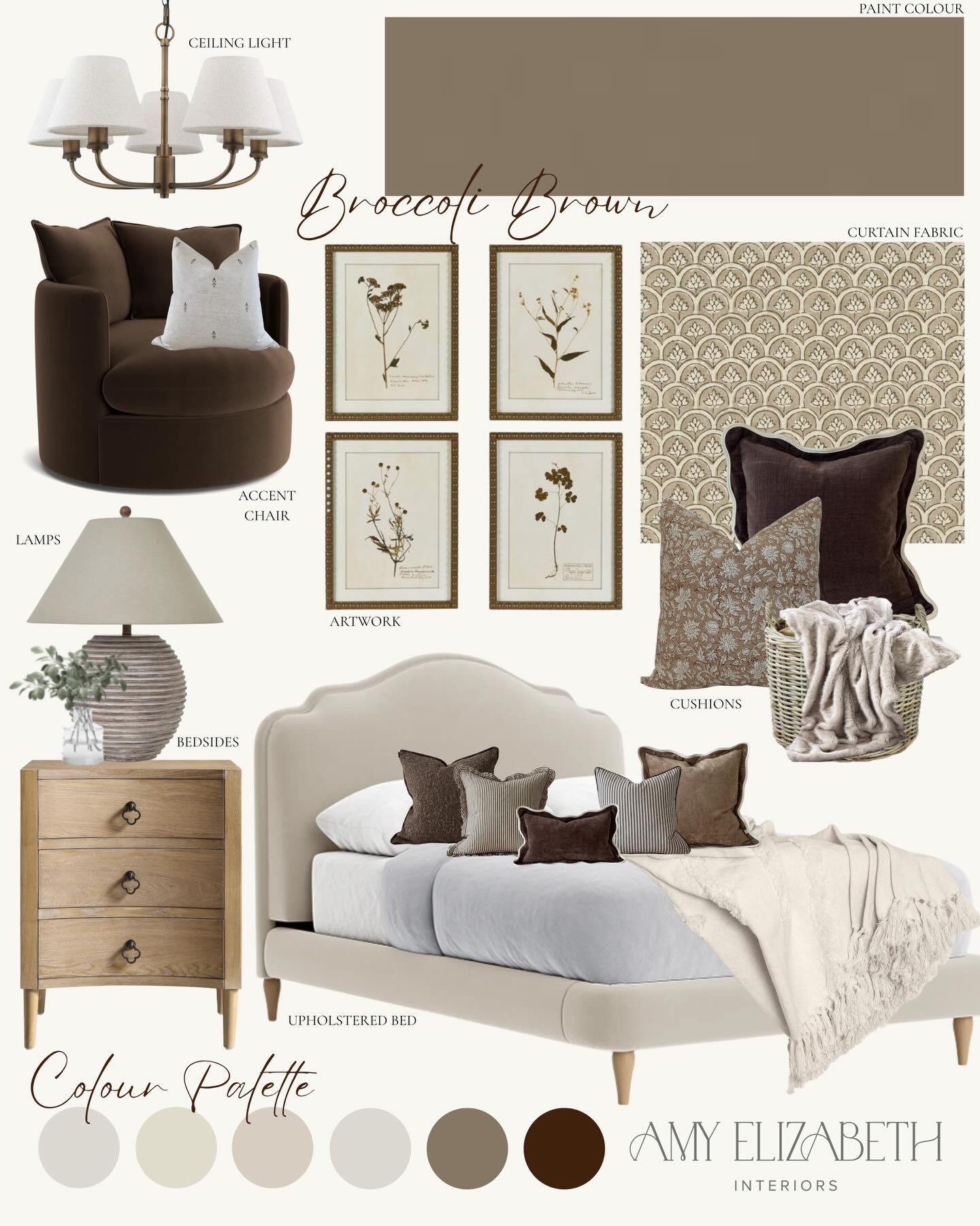 ~ Who else is loving the brown palettes right now? 🙋♀️
~ I’m completely obsessed with Farrow & Ball’s Broccoli Brown as the backdrop for this cosy bedroom moodboard. It’s rich, grounding and feels like a modern take on a classic neutral.
~ Paired with a warm velvet upholstered bed with a softly curved headboard to create contrast, layered with oak bedsides, gentle mood lighting and thoughtful accessories to finish. Calm, cocooning and made for switching off.
~ Would you use brown in the bedroom?
#bedroominspo #moodboarddesign #interiordesigninspo #neutralinteriors #interiordesigner
bedroom moodboard | bedroom design inspiration | interior designer UK | interior designer Hampshire | luxury bedroom design | brown interiors | warm neutral palette | cosy bedroom ideas | Farrow & Ball Broccoli Brown | modern classic bedroom | timeless interiors | residential interior design | bedroom styling ideas | calm and considered interiors | interior design studio | home styling inspiration | Amy Elizabeth Interiors