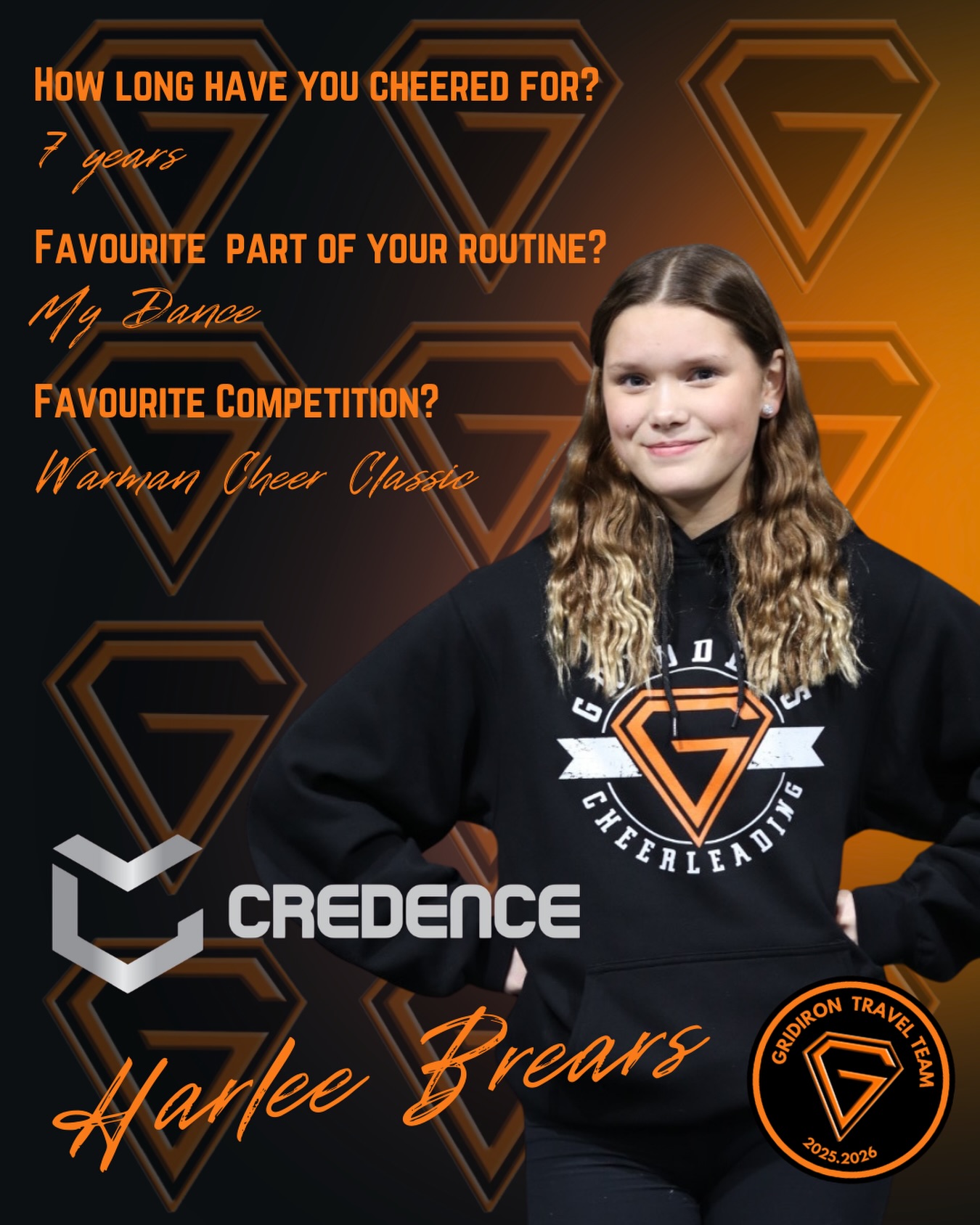Our Gridiron travel team is heading to Seattle , and we’re excited to showcase our amazing athletes! 📣
Today, we’re spotlighting Harlee Brears, proudly sponsored by Credence!
Thank you to Credence for supporting Harlee and our journey — from all of our Gridiron Travel Team athletes and Gridders Cheerleading!🧡🖤