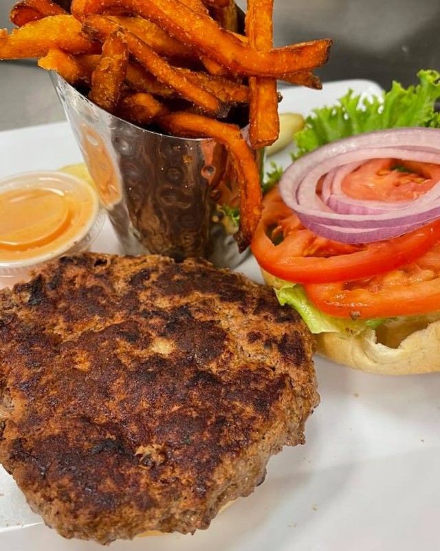 Order up!!! Our House Made Delicious Turkey Burger with NC Sweet Potato Fries…Happy Monday from the OTF Crew!