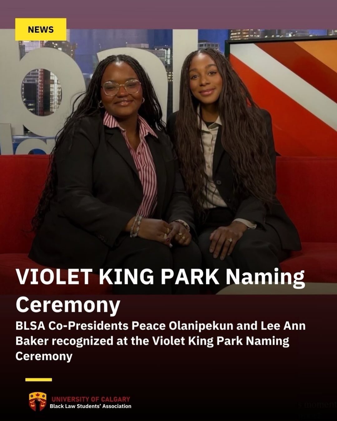 On Sunday, February 22, 2026, a park in Sunnyside was formally named in honour of Violet King, Canada’s first Black female lawyer
We are proud to share that our own University of Calgary Black Law Students’ Association Co-Presidents, Peace Olanipekun and Lee Ann Baker, participated in the naming ceremony and contributed through media engagements.
Violet King’s legacy is now recognized in Calgary through the park located across from her historic family home on 7th Avenue N.W.
#BLSA #BlackHistoryMonth #VioletKingHenry #Calgary #Calgaryhistory