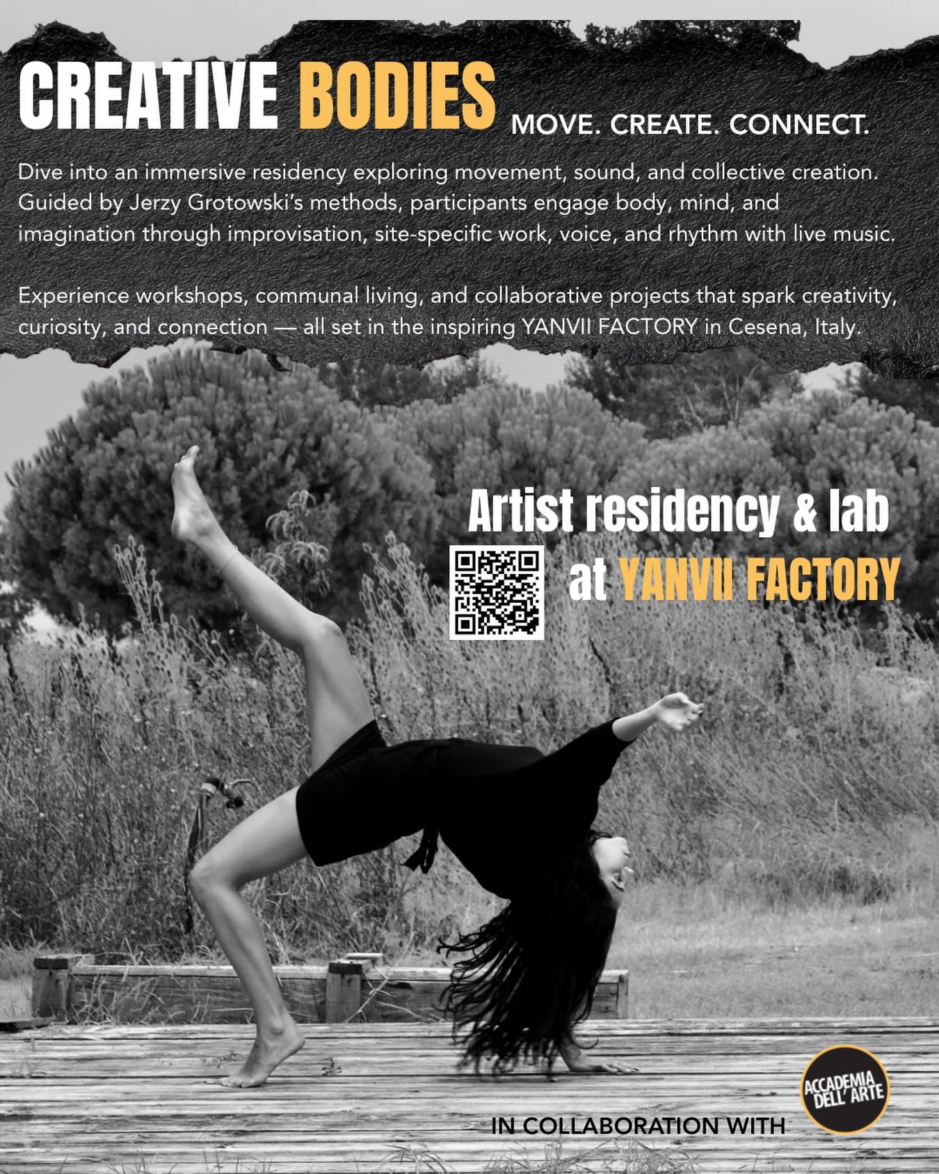 Join Head Faculty member @nhandanchircorawan this Spring and Summer in residency at @yanvii_factory in Cesena, Italy to work with a dynamic group of international artists and performers 📍 more information and registration on their website 🔆 #creativebodies #artistresidencies #movementlab #grotowski #adafaculty