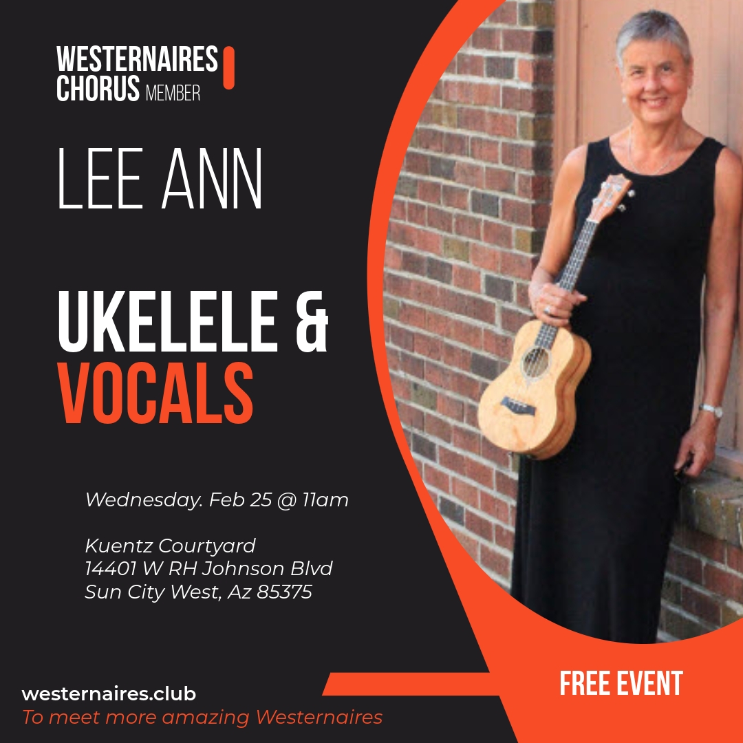 Meet Lee Ann, one of our wonderful tenor voices. 🎶 Not only does she bring rich, smooth vocals to the Westernaires sound, she delights audiences with her lively ukulele playing!
Come enjoy her talent, her energy, and the joy she brings to every performance! ✨ @Leeann.reardon