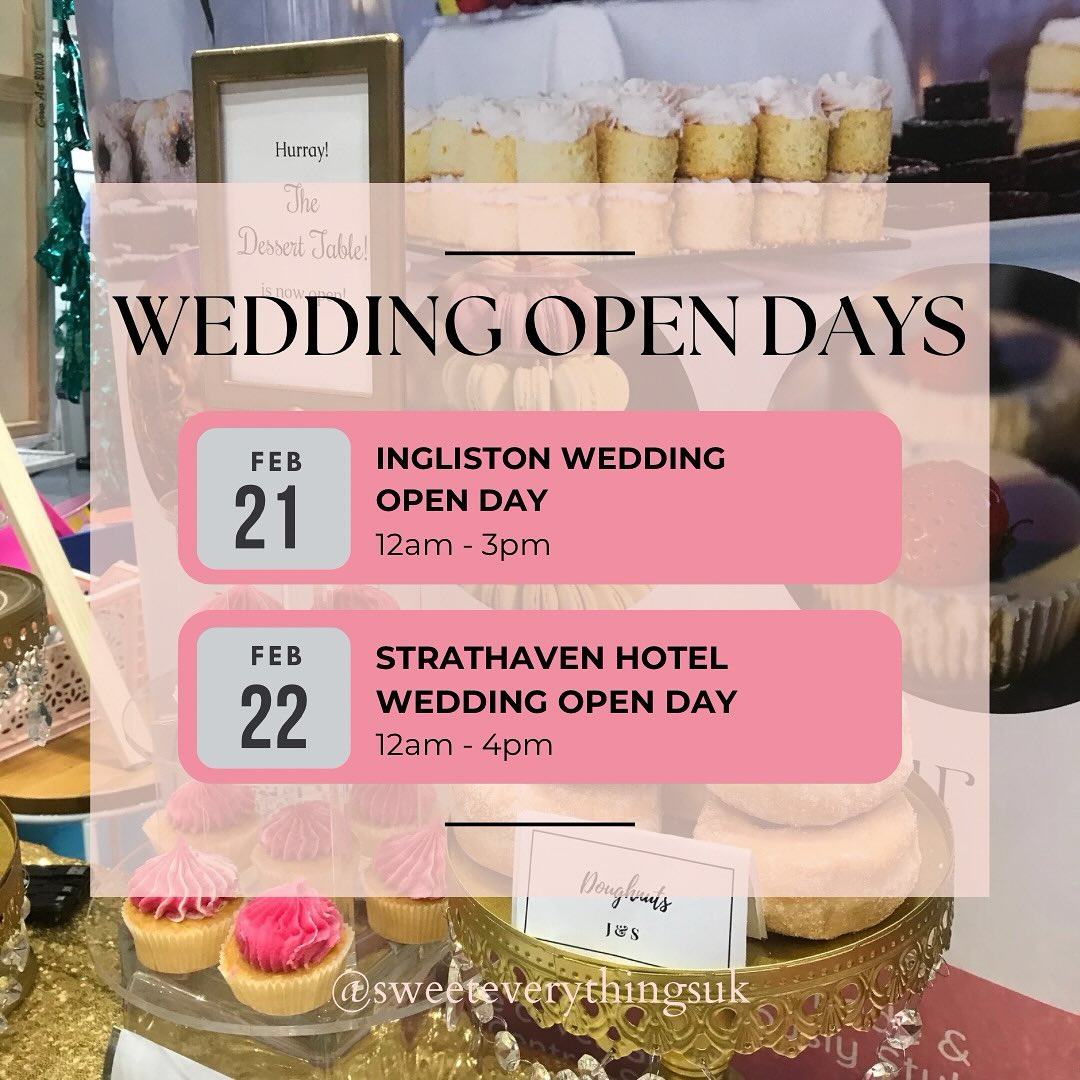 NEW! Today we’re at @inglistoncountryclub and tomorrow at @strathavenhotel - come along and see us! 📆 Taste the goodness of our delicious handmade cakes and brownies fresh from the oven! We can chat about your wedding day, have a peek at our lookbook of buttercream Wedding Cakes and Dessert Table styles and our range of Dessert Tables styles.
🌟Ingliston Country Club, 21 February, 12am - 4pm
📍 Ingliston Country Club & Hotel, Old Greenock Rd, Bishopton PA7 5PA
🌟 Strathaven Hotel, 22 February; 12am - 4pm
📍Strathaven Hotel, Hamilton Rd, Strathaven ML10 6SZ
