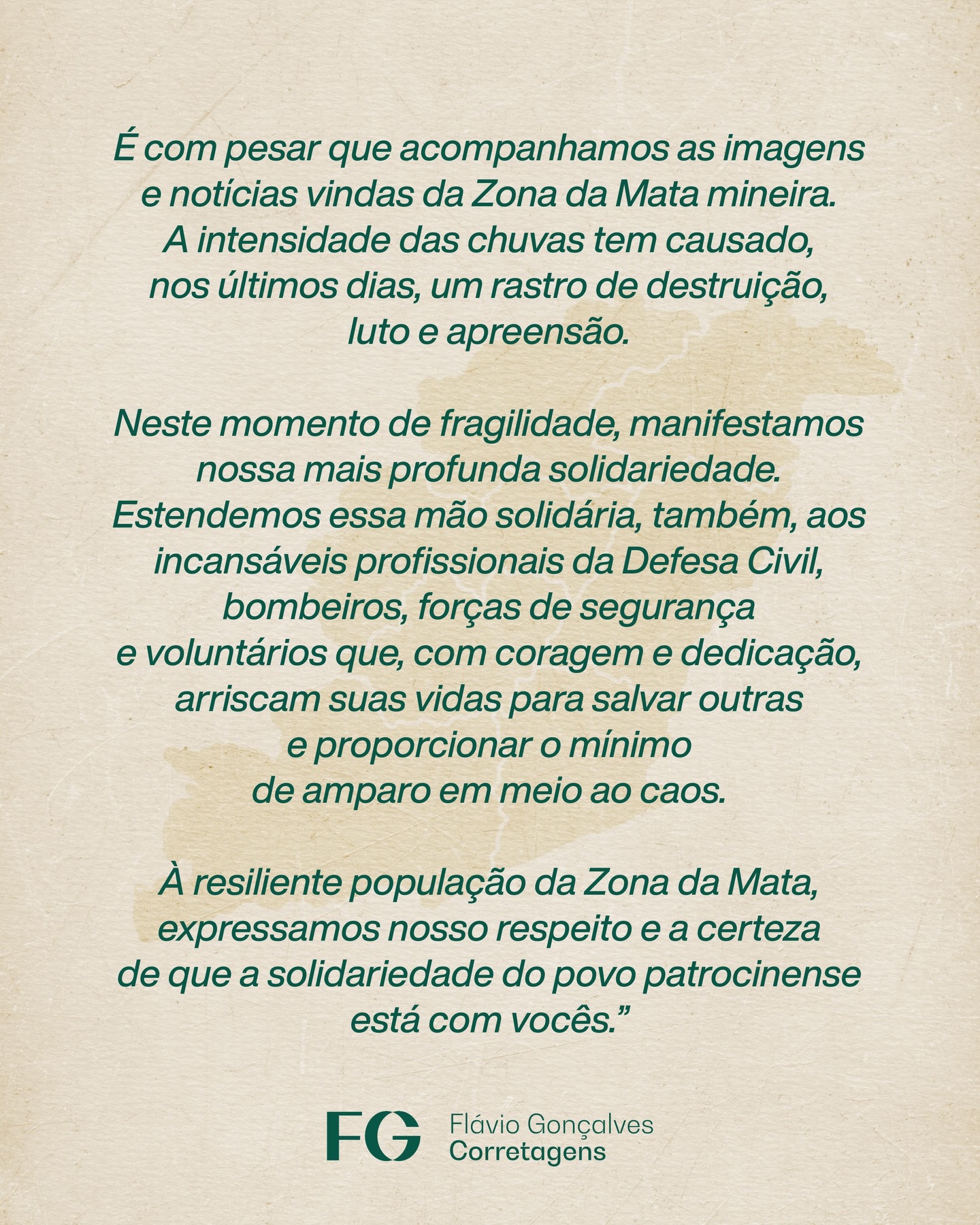 Acompanhamos com pesar as notícias da Zona da Mata mineira, atingida por fortes chuvas que causaram destruição, luto e apreensão.
Expressamos nossa profunda solidariedade à população e aos profissionais da Defesa Civil, bombeiros, forças de segurança e voluntários que arriscam suas vidas para ajudar.
Respeitamos a resiliência da população e afirmamos que o povo patrocinense está com vocês. Patrocínio está se unindo para enviar ajuda, em breve mais informações.