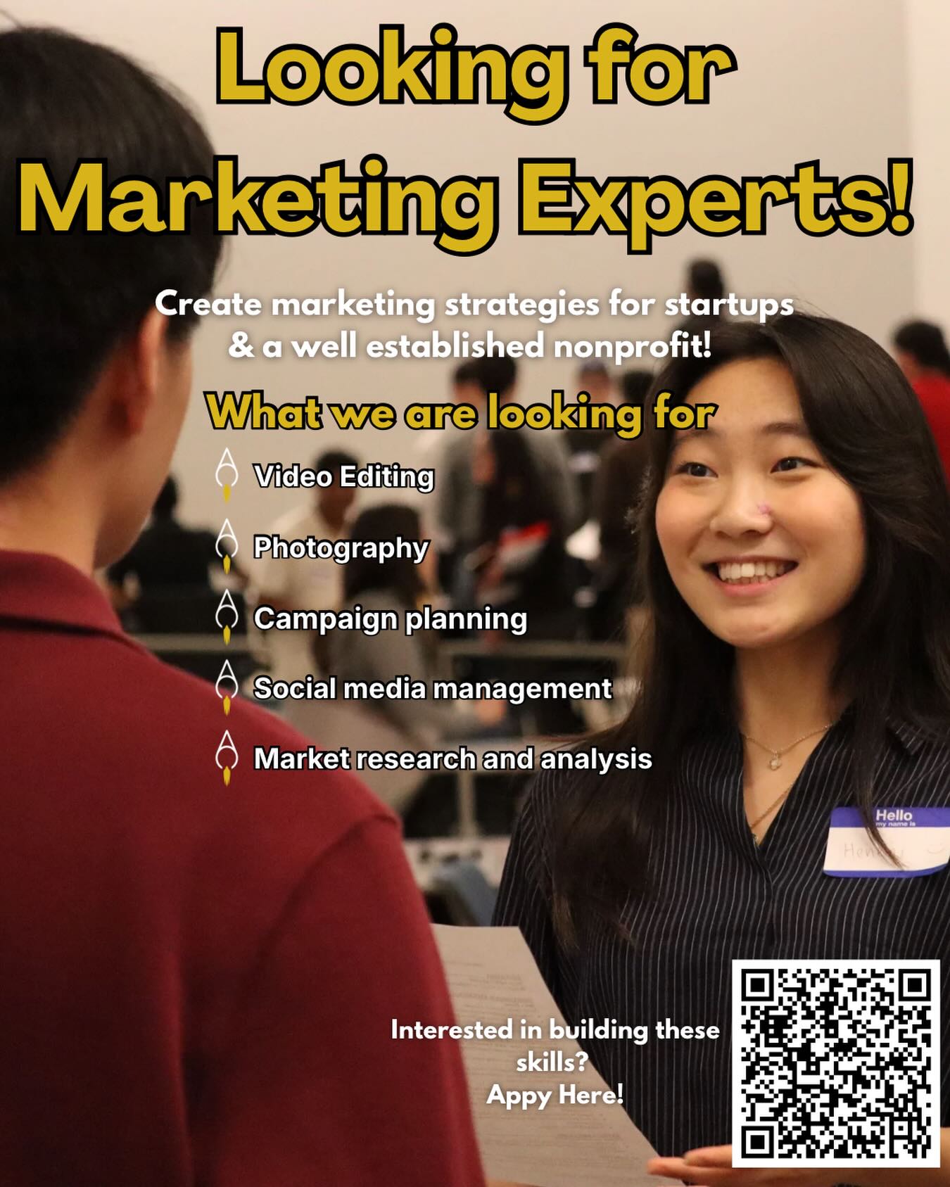 Aggies Create is looking to recruit a Marketing team!!
To expand our efforts in helping grow Aggies Create we’re recruiting students interested in gaining hands-on marketing experience. In this role, you’ll have the opportunity to work one-on-one with our startup teams to help expand their market reach, or collaborate directly with an established non-profit in Aggies Create to help plan and promote our events.
If you’re passionate about professional marketing, content creation or photography apply now using the QR code on the flyer or through the link in our bio.