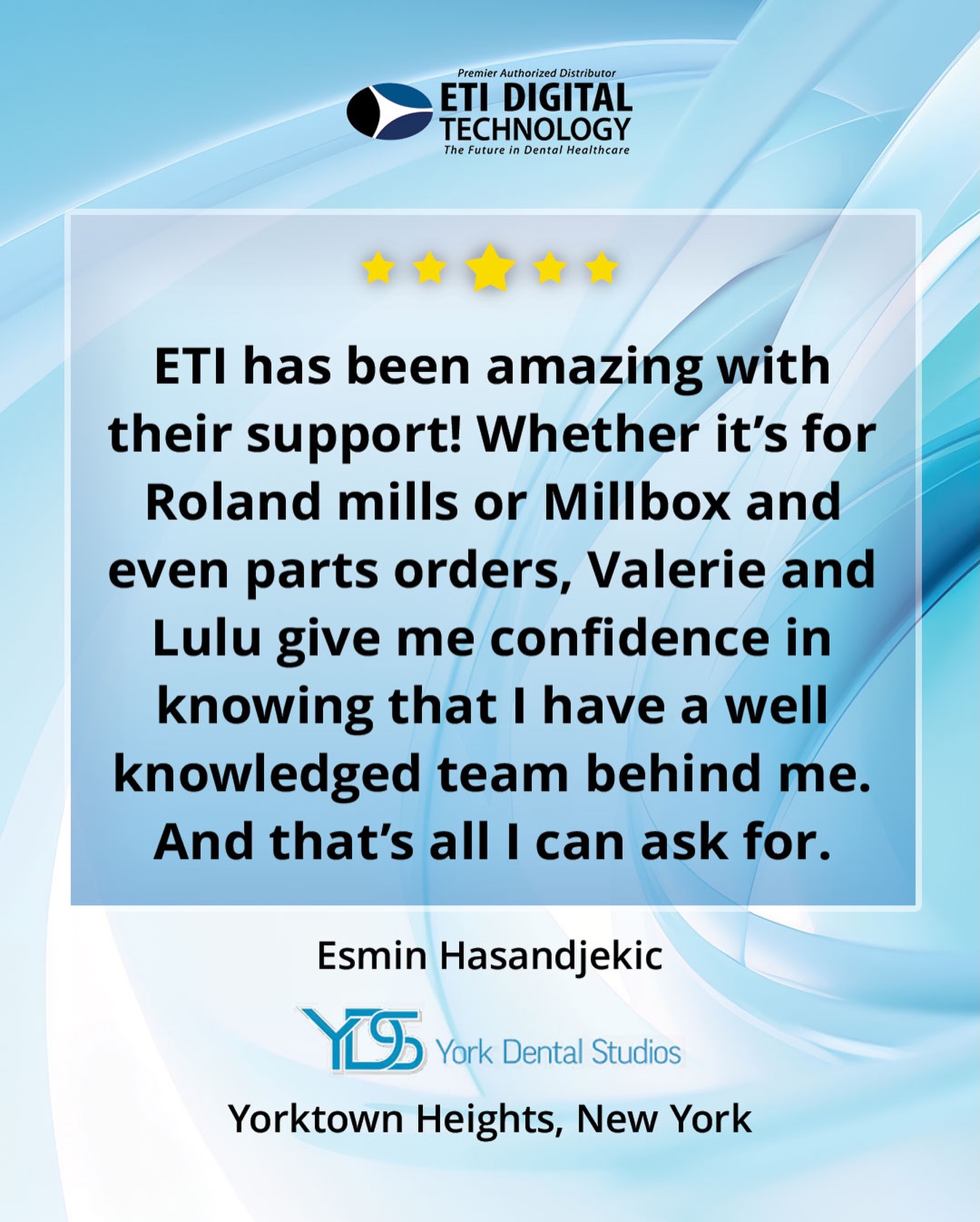 ✨Testimonial Thursday ✨
.
🙏🏼 Thank you sincerely to York Dental Studios (Yorktown Heights, New York) for your awesome testimonial and five-star Google rating! 🙌🏼
.
🥰 We are grateful to be your go-to Digital Dentistry vendor! Thank you for putting trust in our team! We love working with you and your team. ♥️
.
👍 Become an ETI Digital Technology customer today by contacting us at ☎️ (714) 238-1490 or sales@etidigitaltechnology.com! You can also visit our website at www.etidigitaltechnology.com for more information on our product offerings! 👌
.
#ETIDigitalTechnology #DigitalDentistry #Dentist #DentalOffice #Testimonial