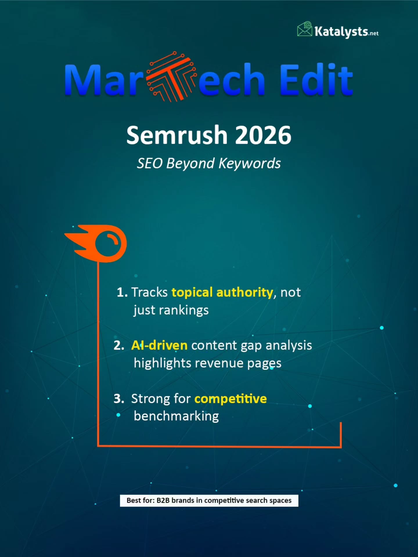 SEO in 2026 isn’t about showing up more.
It’s about showing up where it matters and getting chosen.
Tools like @semrush are shifting the game toward topical authority, revenue-focused content and sharper competitive intelligence.
For B2B brands in crowded search spaces, that’s the difference between visibility and pipeline.
At Katalysts, we turn search intent into strategy. And strategy into leads.
DM Katalysts.net if you’re ready to move beyond rankings and start winning the right searches.
#leadership #seo #singapore #leadership #katalystsdigital
