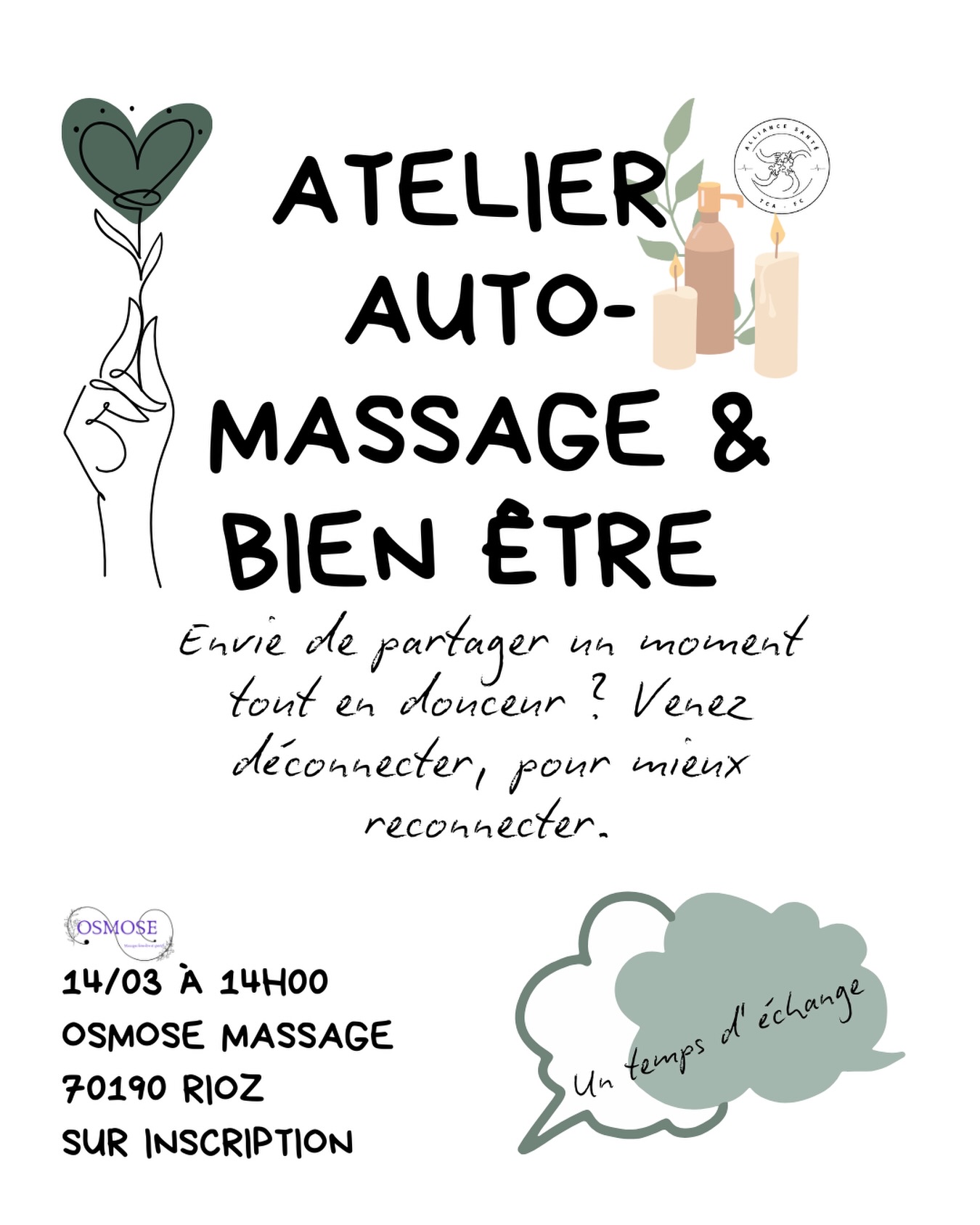 Une bulle de bien être rien que pour vous, pensée par Manon @osmosemassage.rioz et Avril @laheurteav pour vous inviter à vous relaxer et prendre soin de vous.
Apprendre les auto-massages qui font du bien au corps et à l’esprit, se réconcilier avec soi dans un espace bienveillant et doux vous tente ? Alors ne tardez pas à vous inscrire.
Nombre de places limité.