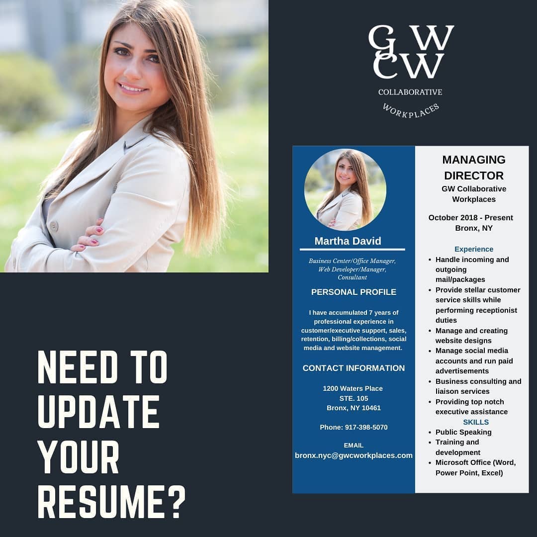 As #businesses re-open, you or someone you know may be looking for a #career change. GWCW will make your #Resume stand out among the rest. Give us a call to discuss your resume.
#professional #headshot #business #resumes #linkedin #resumebuilder