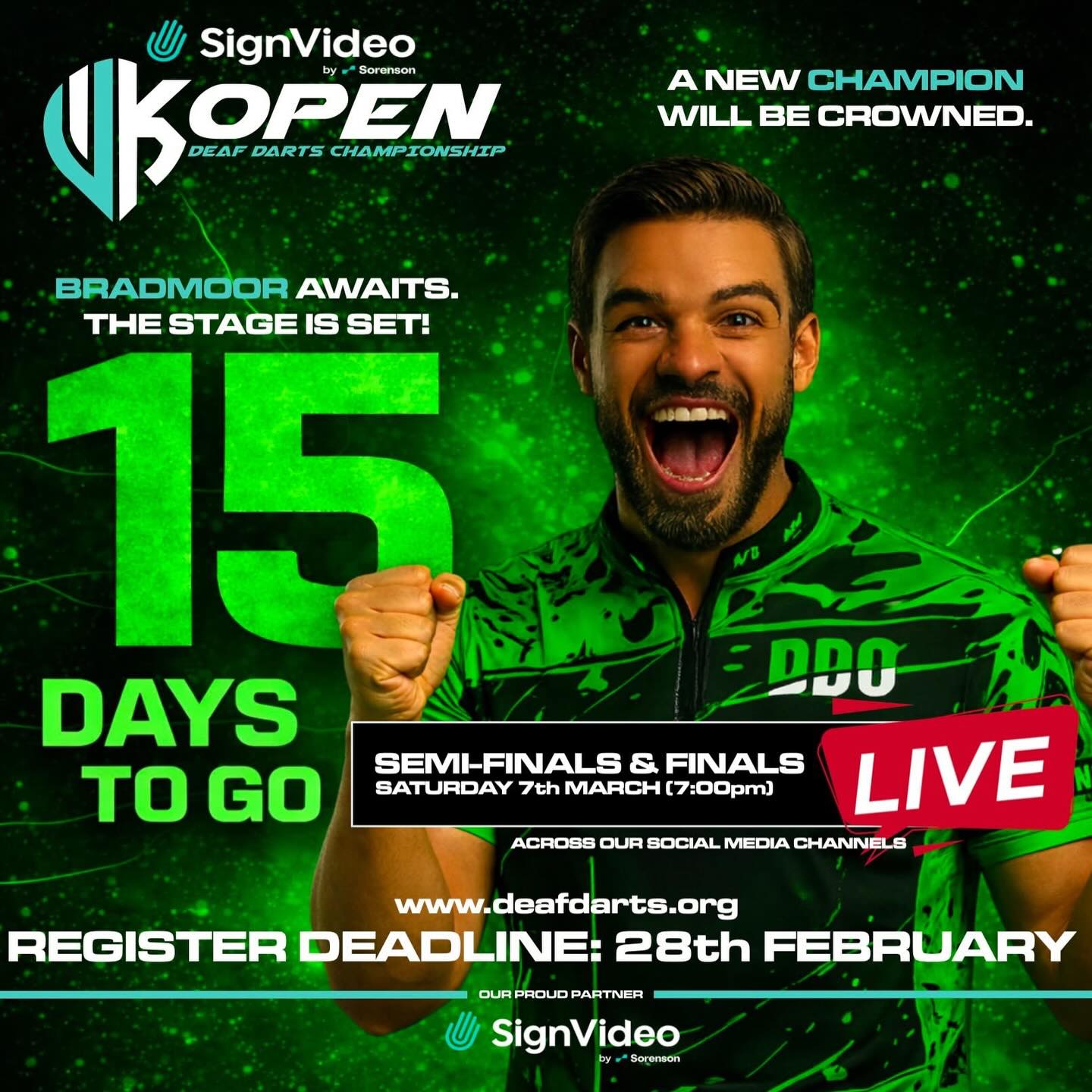 🔥 HISTORY IS ABOUT TO BE MADE 🔥
For the first time ever in the history of Deaf Darts, we are about to witness something truly groundbreaking.
The Deaf Darts Organisation (DDO) will become the first organisation in the world to launch LIVE STREAMING of the Semi-Finals and Finals — directly from the championship stage at Bradmoor Farm.
This isn’t just a tournament.
This is visibility.
This is progression.
This is Deaf sport stepping onto a global platform.
From Bradmoor Farm to the world — the stage is set.
🎯 Semi-Finals & Finals 7th March 26’ at 7:00pm
📍 Bradmoor Farm
📡 Live Streaming Worldwide
History isn’t coming…
It’s happening.
REGISTER DEADLINE: 28th February www.deafdarts.org
Our Proud Partner: @signvideo