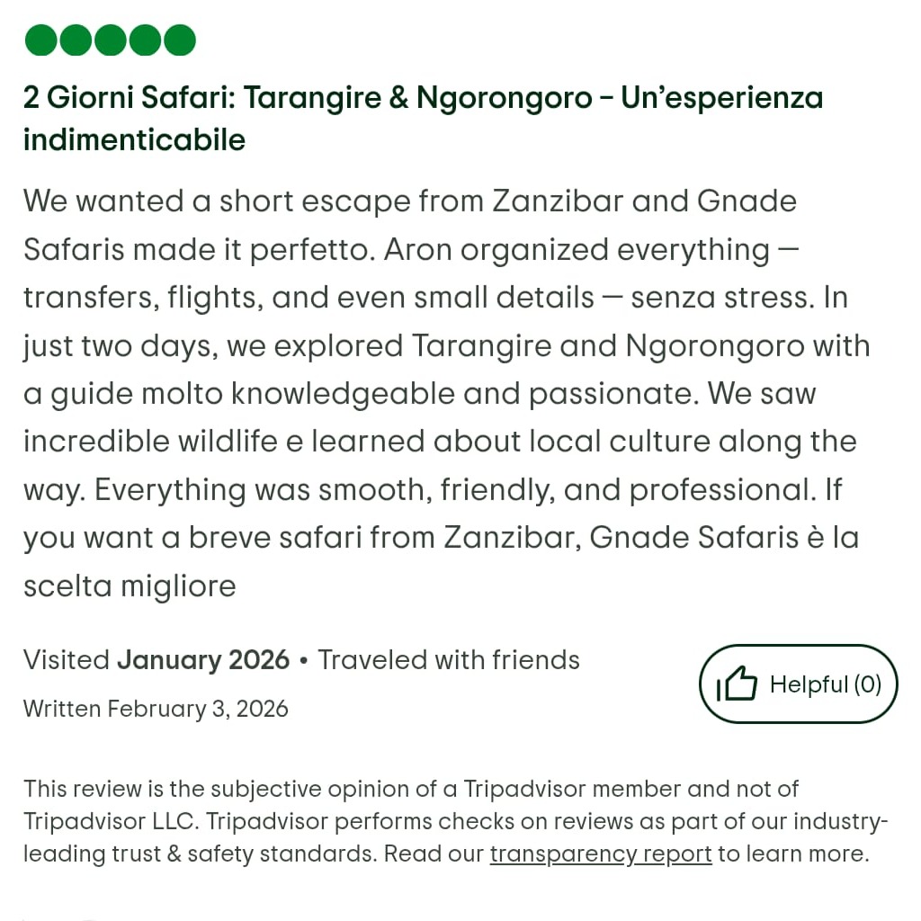 ✨ Another Happy Guest, Another Unforgettable Safari! ✨
We’re proud to share this amazing review from our recent guests who experienced our 2 Days Tarangire & Ngorongoro Safari from Zanzibar 🇹🇿
From smooth transfers and flights ✈️ to expert guiding and breathtaking wildlife encounters 🦁🐘 — everything was perfectly organized and completely stress-free.
In just two days, they explored:
🌿 Tarangire National Park
🌋 Ngorongoro Crater
🐾 Incredible wildlife
🌍 Local culture experiences
At Gnade Safaris, we believe every safari should be personal, seamless, and truly unforgettable.
💬 Want to read the full review? Visit Gnade Safaris on TripAdvisor and see why travelers trust us for their Tanzania adventure! ⭐⭐⭐⭐⭐
Ready for your own safari experience?
📩 Email us: info@gnadesafaris.com
📲 WhatsApp: +255 793 832 959
Let’s plan your perfect safari today!
#GnadeSafaris #TanzaniaSafari #TarangireNationalPark #NgorongoroCrater #SafariFromZanzibar #LuxurySafari #AfricanSafari #BigFiveSafari #TravelTanzania #SafariExperience #ZanzibarToSafari #WildlifeAdventure #VisitTanzania #SafariLife #UnforgettableJourney #tripadvisorreview